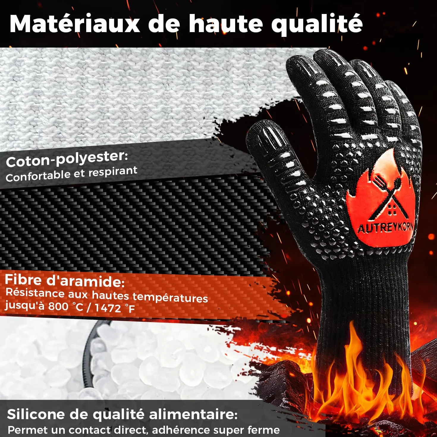 Gants de Cuisine Résistants jusqu'à 800°C en Aramid Ignifugé EN407 Antidérapants Noir L/XL/XXL