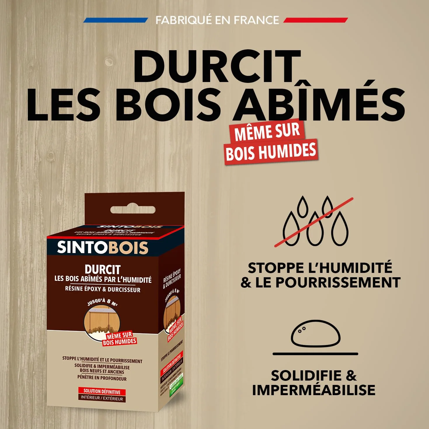 SINTO Durcisseur bois abimés par l'humidité 250g, stoppe l'humidité et le pourrissement, solidifie et imperméabilise bois neufs et anciens, pénètre en profondeur, intérieur