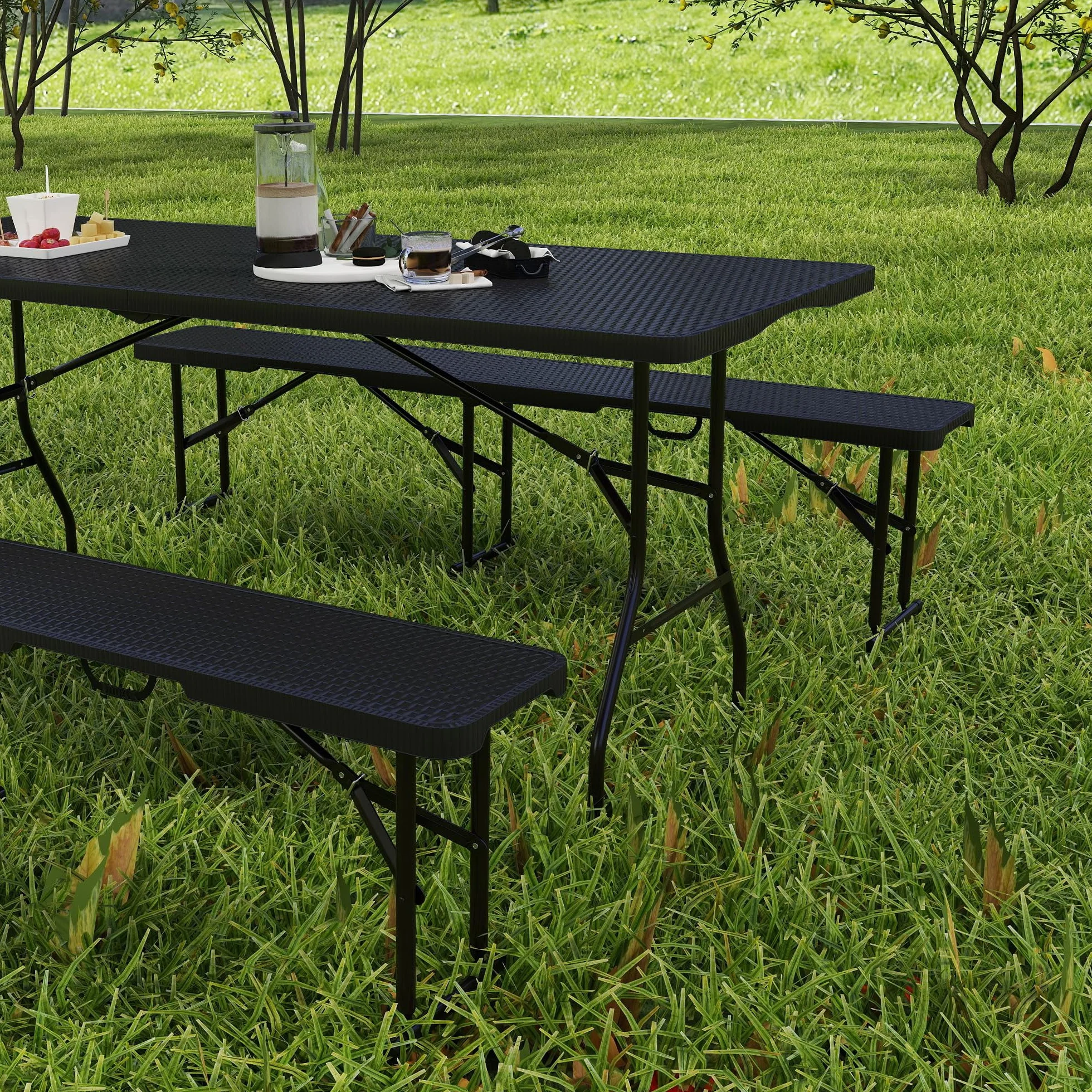 Outsunny Table Pliante Pique-Nique 180 cm Banc Camping Noir Rotin