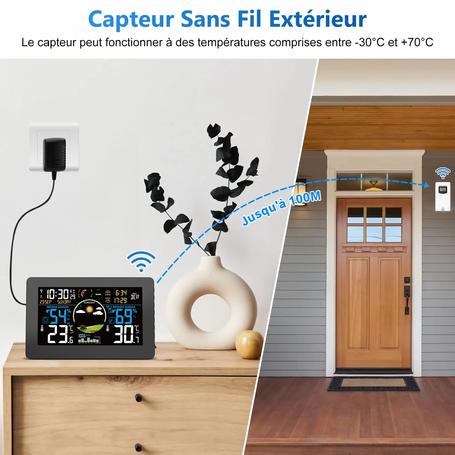 VIFLYKOO Station Météo Sans Fil 7,5" Écran VA Thermomètre Hygromètre Intérieur Extérieur avec Capteur Externe Baromètre Alarme