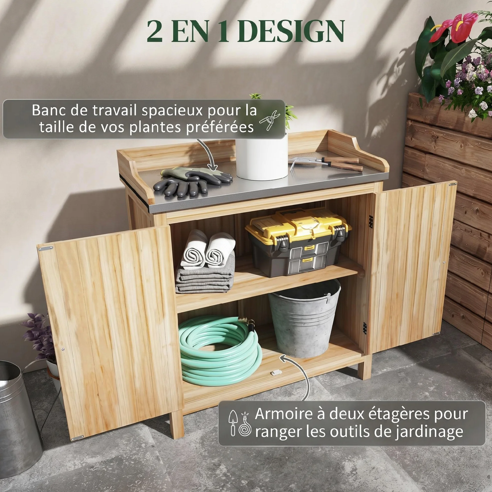 Outsunny Table de rempotage Plateau galvanisé Armoire Rangement Jardin Bois Sapin 2 étagères Patins antidérapants
