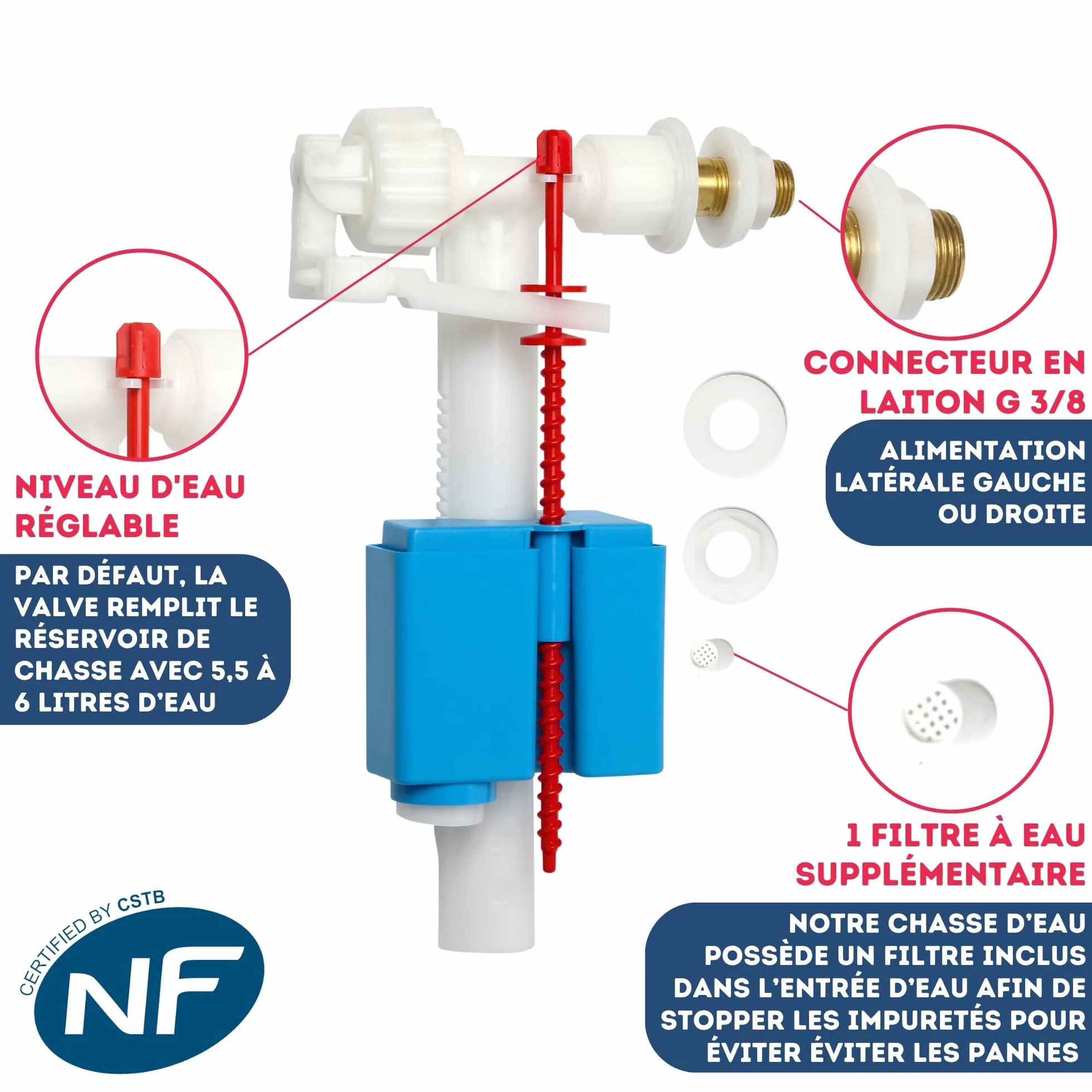 YOSSEE Robinet Flotteur WC Universelle Mecanisme Chasse d'eau WC [INCLUS Filtre + Notice] - Fabriqué dans l'UE - Garantie 5 ans - Mécanisme Qualité
