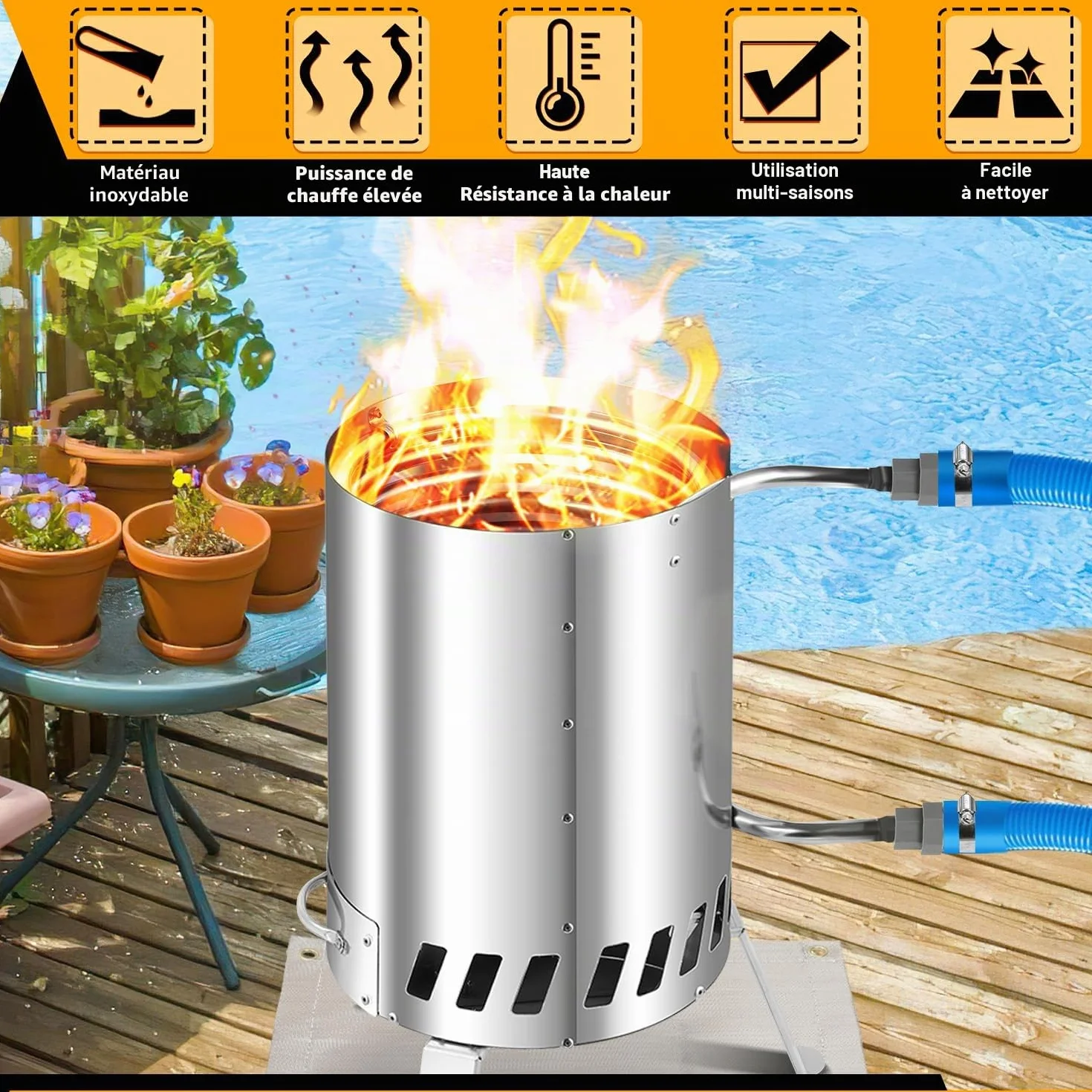 Chauffage de piscine à bois en acier inoxydable avec tonneau de feu 32-38 mm