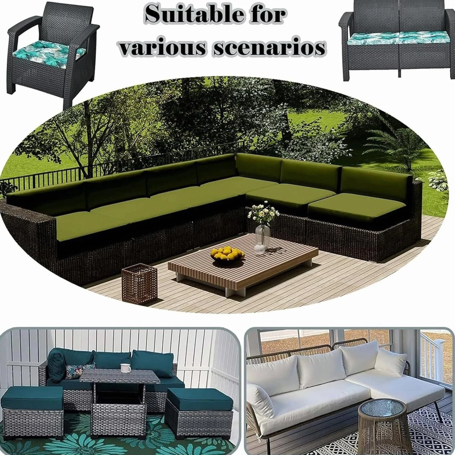 Housse de Coussin de Canapé Exterieur Imperméable 60x60x10cm Vert avec Fermeture Éclair