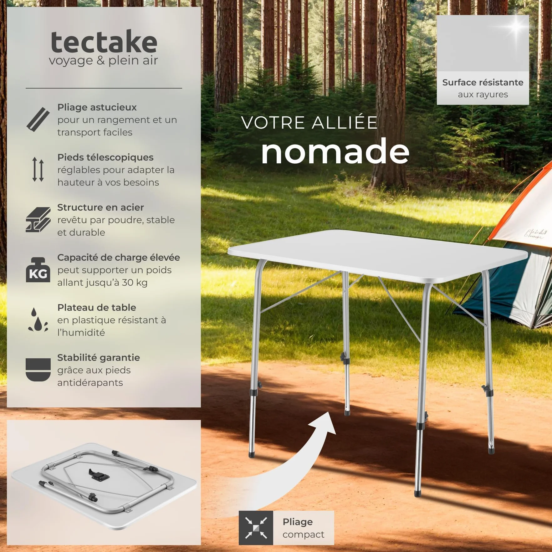 Tectake Table Pliante de Pique Nique 80 x 60 x 68 cm Aluminium Camping Exterieur Légère Compacte