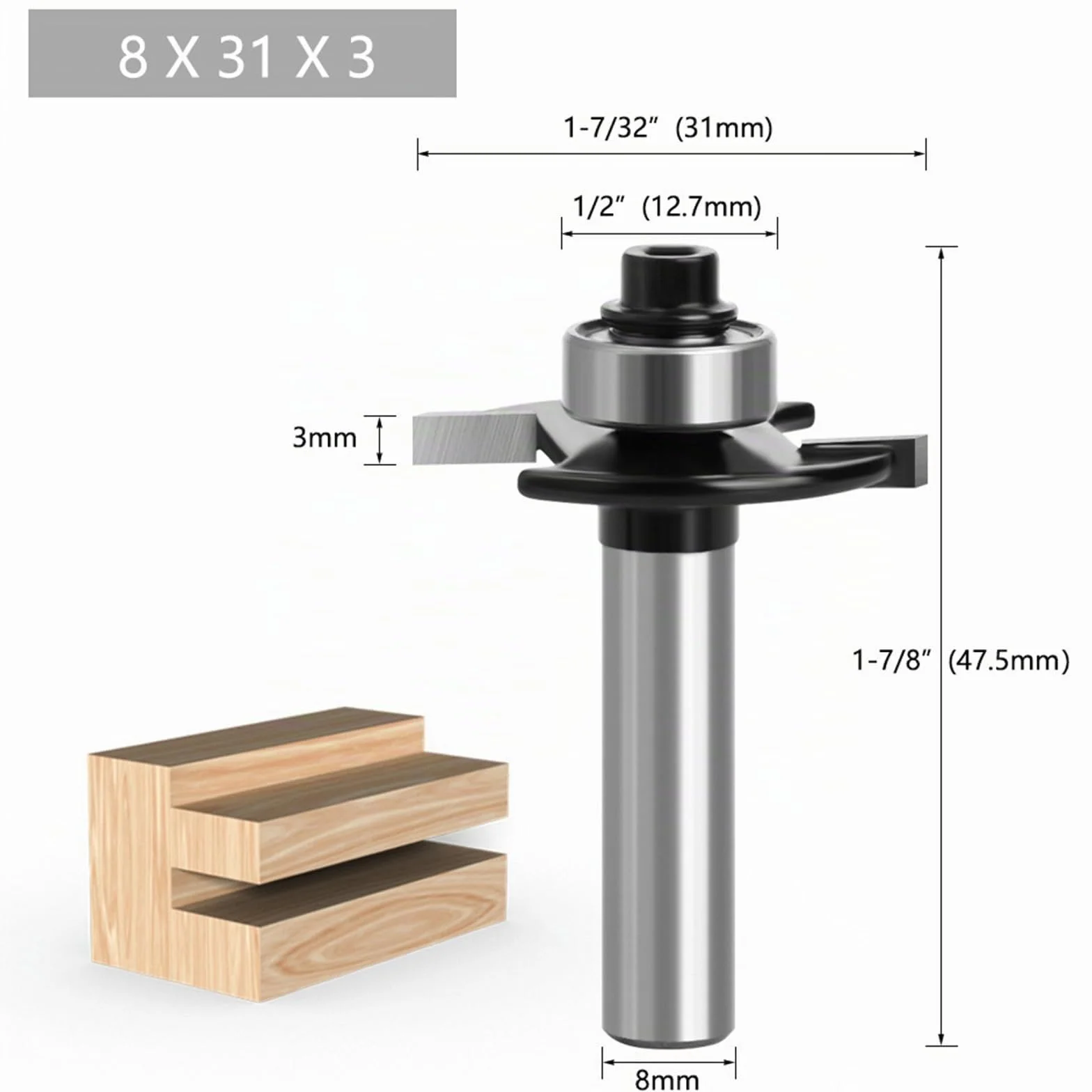 Lot de 4 fraises pour défonceuse à disque pour défonceuse - Tige de 8 mm - 2 mm, 3 mm, 4 mm, 5 mm - Avec roulements à billes - Outils pour le travail du bois, fraise à affleurer pour la coupe du bois