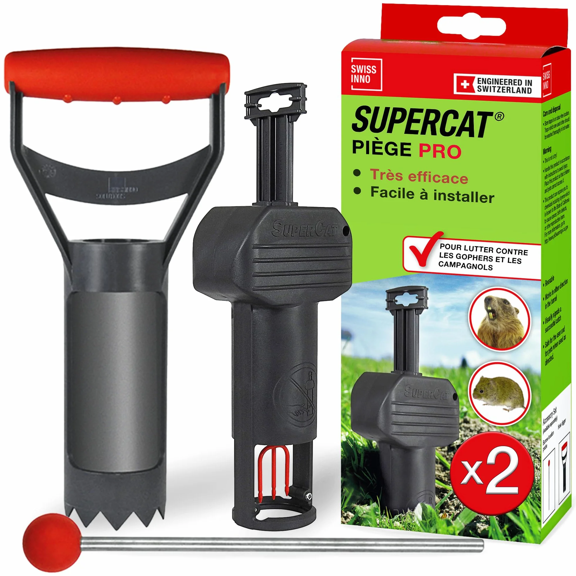 SWISSINNO Piège à campagnols Pro SuperCat 2X Pièges + Accessoires Mécanisme breveté Réutilisable
