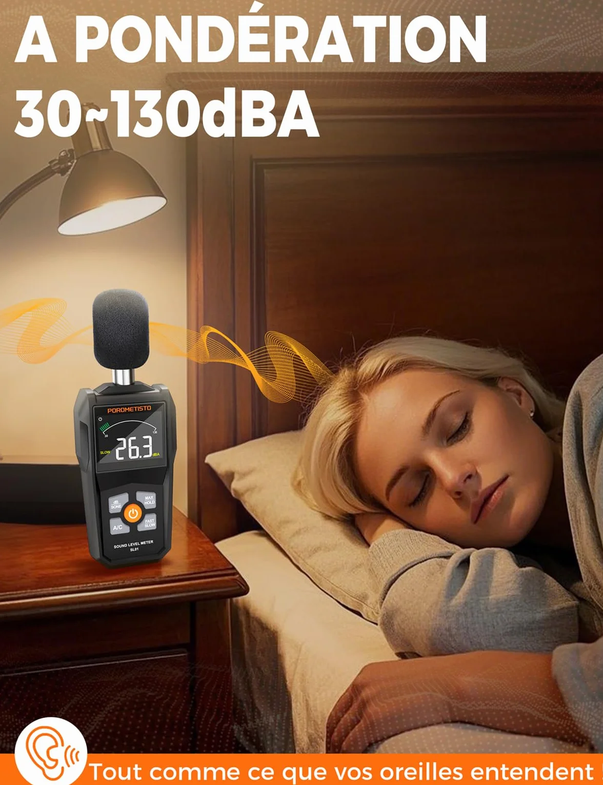 Sonomètre, POROMETISTO SL01,30-130db Sonometre Decibelmetre, Unités dB/SONE à Commutation Rapide, Affichage MAX/MIN, Conservation des données Decibelmetre -S'applique à Nuisances Sonores de Voisinage