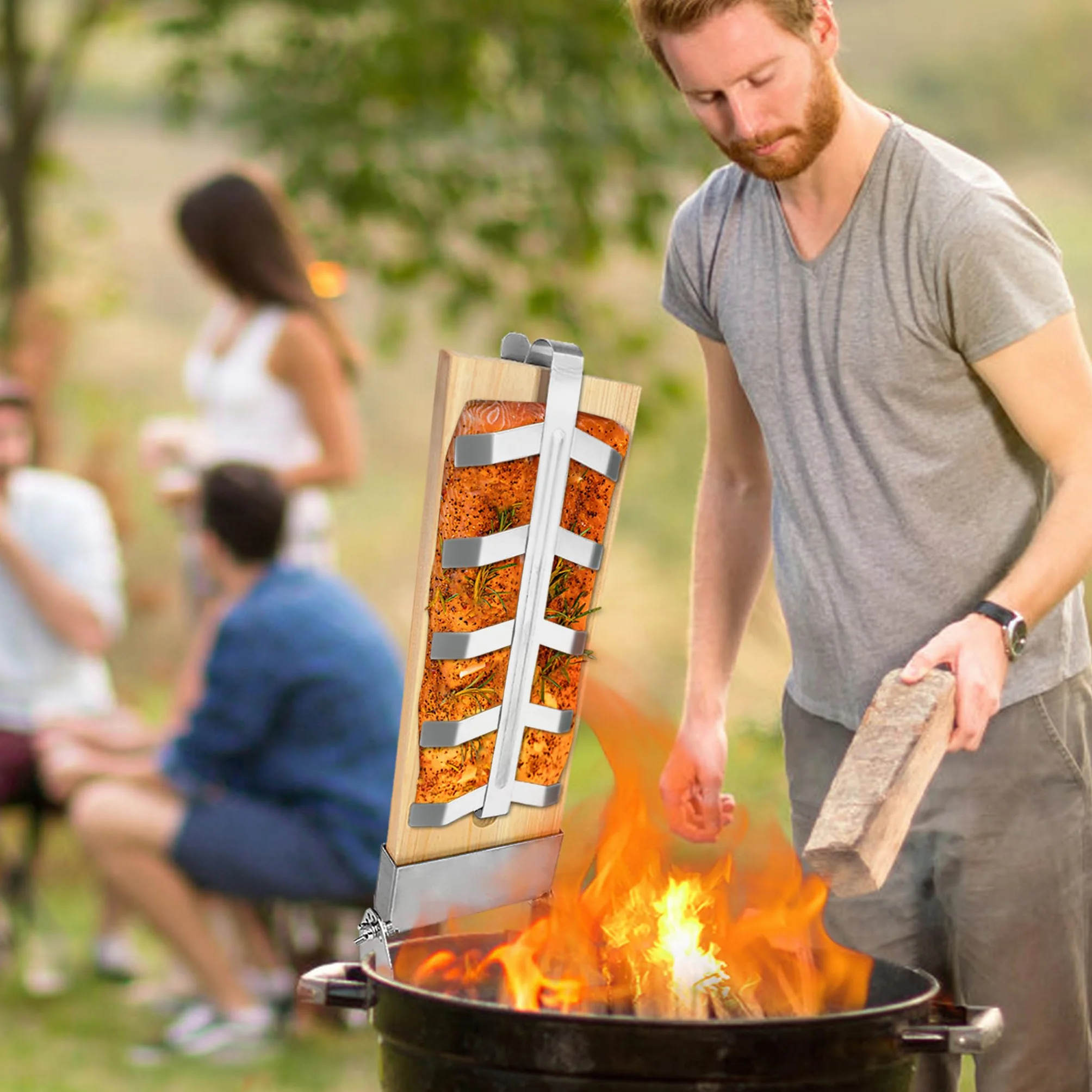Lot de 4 planches à saumon flammé en acier inoxydable, support réglable 5 niveaux, planche à fumer en cèdre pour barbecue