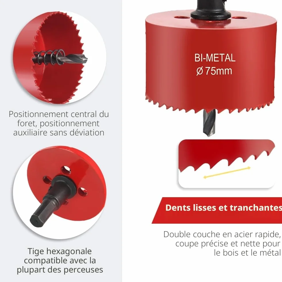 Flintronic Scie Cloche Bi-métal, Coffret de Trépan 13 PCS (avec 13 Mandrins, Clé Hexagonale et ressorts) Lame de Scie Ø18-75mm pour Percer Plastique, PVC, Bois, Panneaux Fibres, Métal Souple