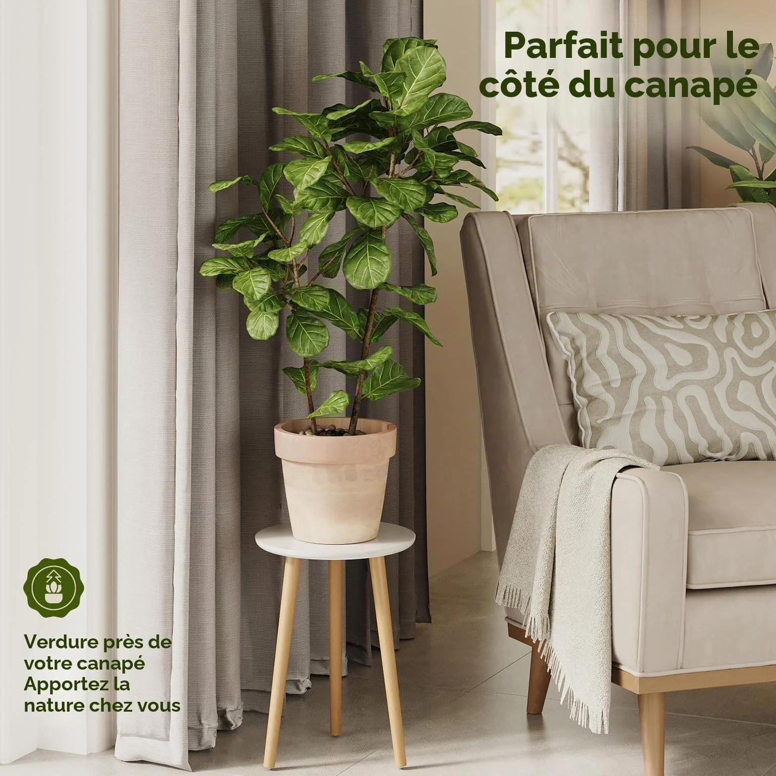 Bamworld Support pour Plantes d'Intérieur en Bois Rond, Table d'Appoint Moderne Style Milieu du Siècle - Blanc