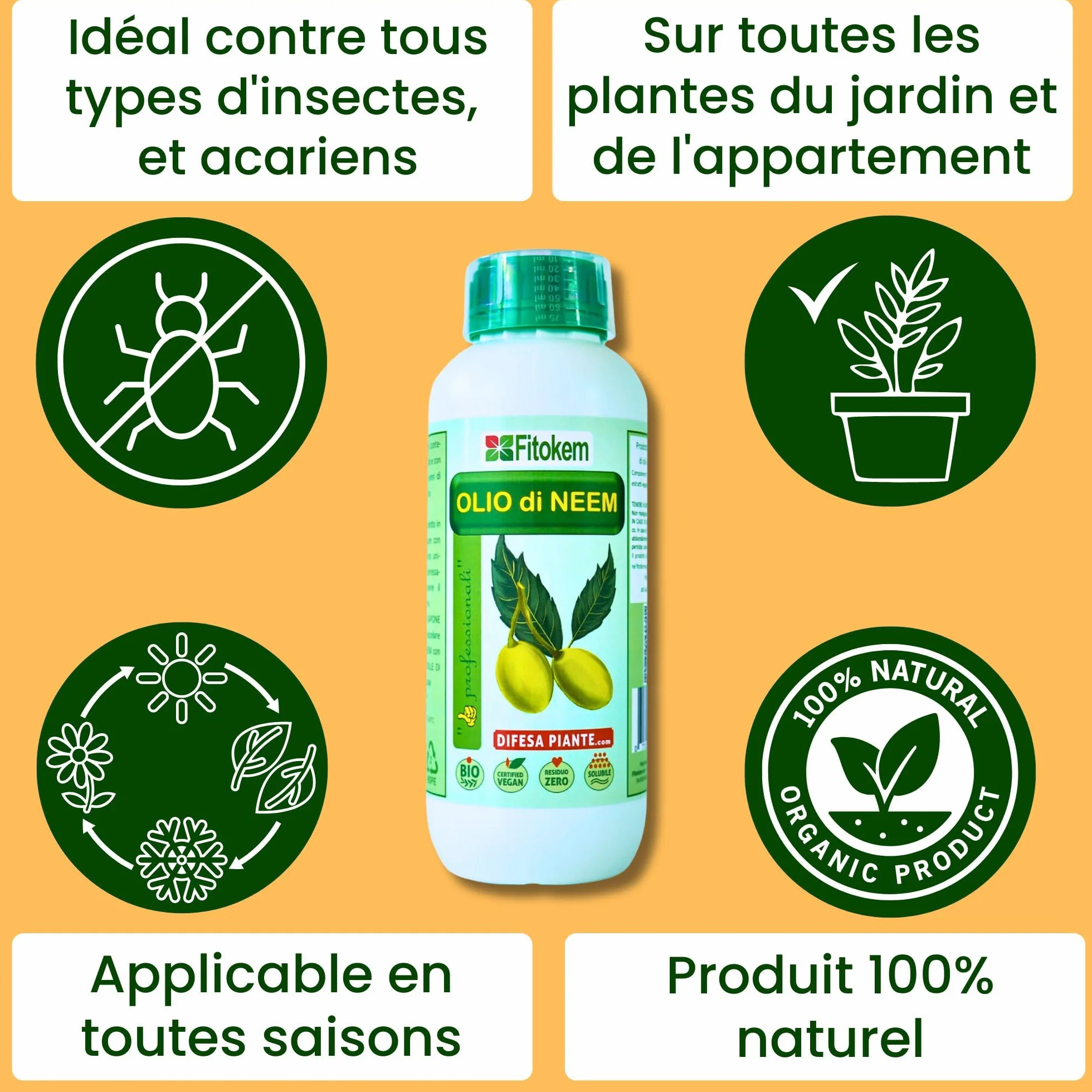 Huile de Neem Bio 1L Traitement Cochenilles Anti Pucerons Plantes Exterieur 100% Naturel Non Toxique