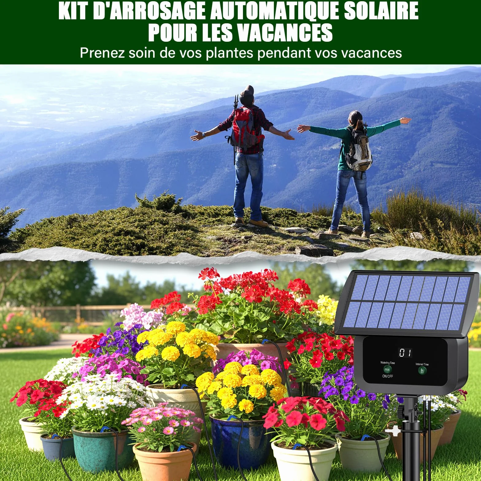 Kit Arrosage Automatique Solaire, Système d'Irrigation Goutte à Goutte avec Minuterie et Tuyau 15M