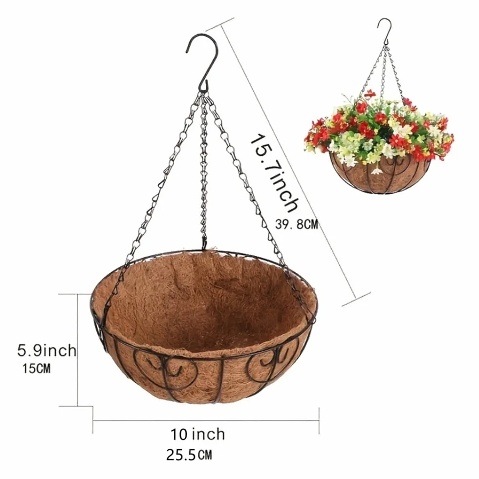 NatureMan Lot de 2 paniers de plantation suspendus 25 cm - Pots de fleurs extérieurs avec doublure en coco - Support pour plantes rond en fil de métal avec chaîne