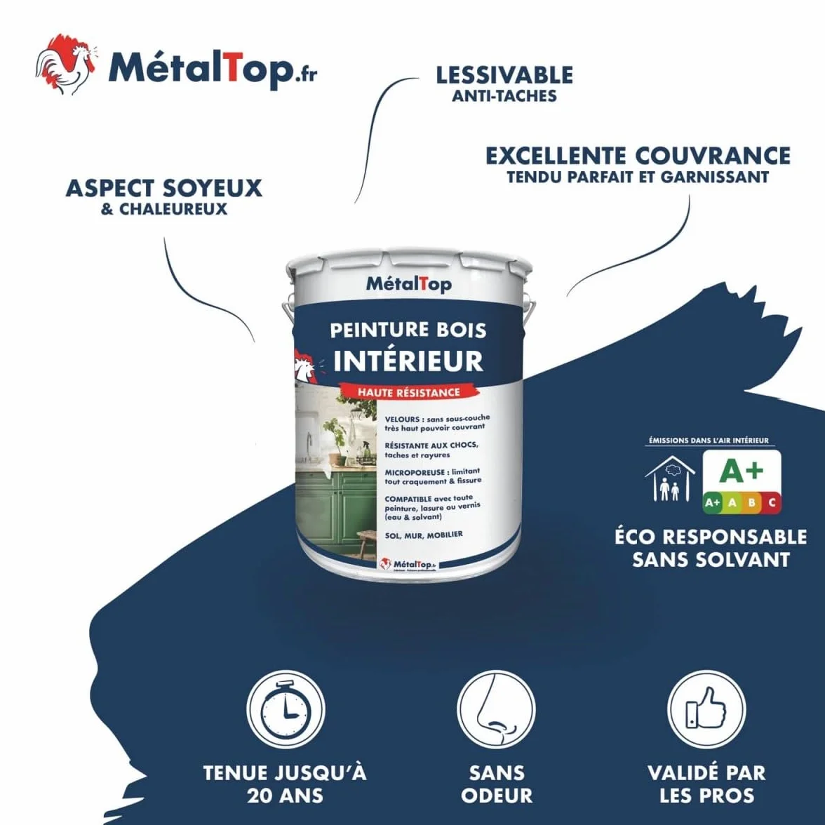 Metaltop - Peinture Bois Interieur - Blanc pur - RAL 9010-5 L - Microporeuse et lessivable pour portes, fenêtres, meubles