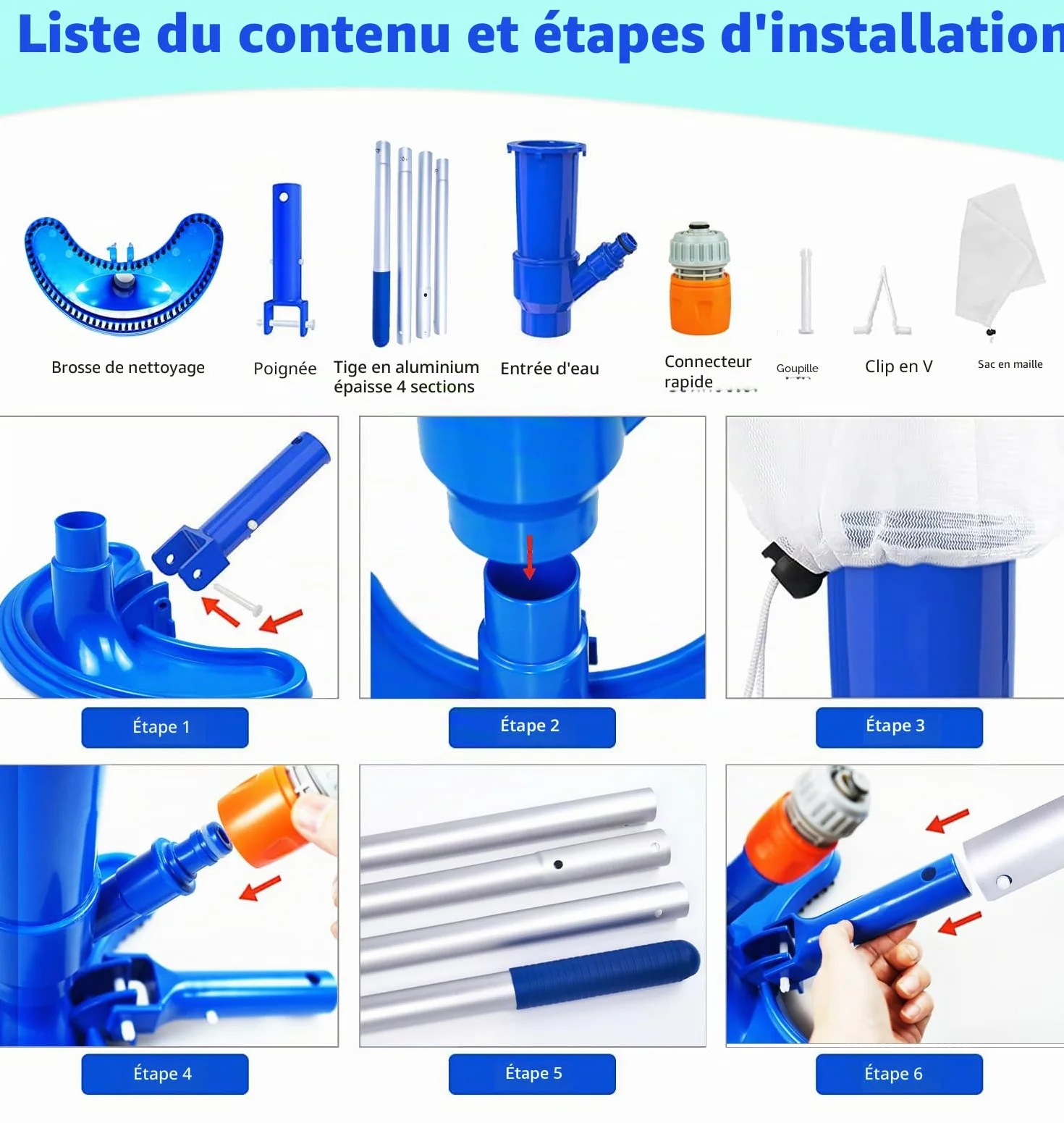 Aspirateur de Piscine Kit de Nettoyage 1.5M Tête d'aspirateur Perche Télescopique Tige Aluminium Détachable Jacuzzi Fontaine Aquarium Étang Brosse