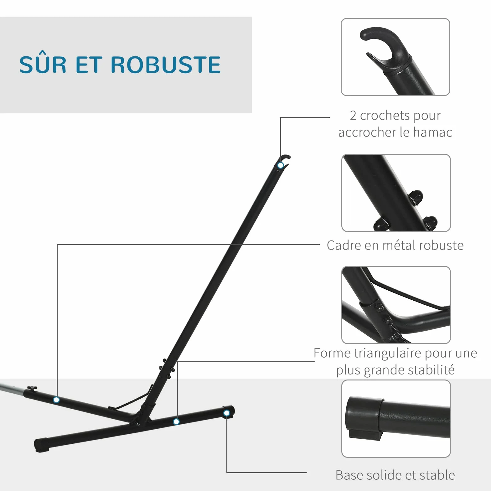 Outsunny Support Pied de hamac réglable métal époxy Noir 3,08-3,80L x 1,09l x 1,16H m