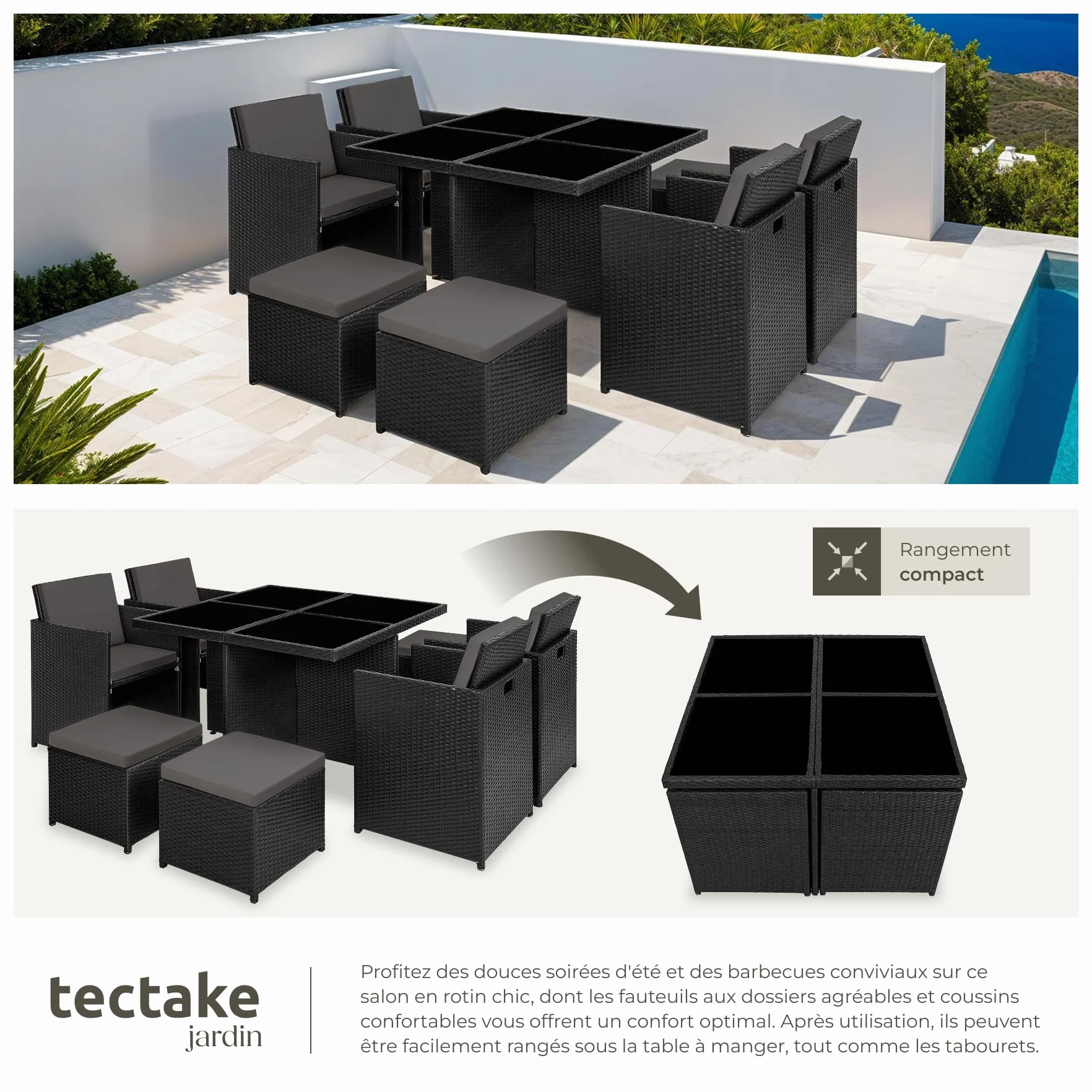 tectake Salon de Jardin Extérieur 8 Places Table en Poly Rotin Structure Aluminium Noir