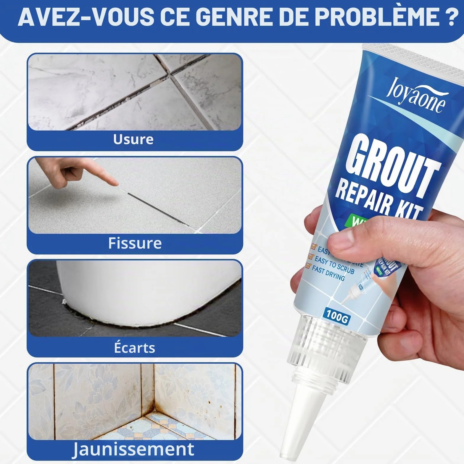 Kit de réparation de carrelage blanc à séchage rapide pour joints de salle de bain, douche, sols et murs (Blanc 100 g x 2)