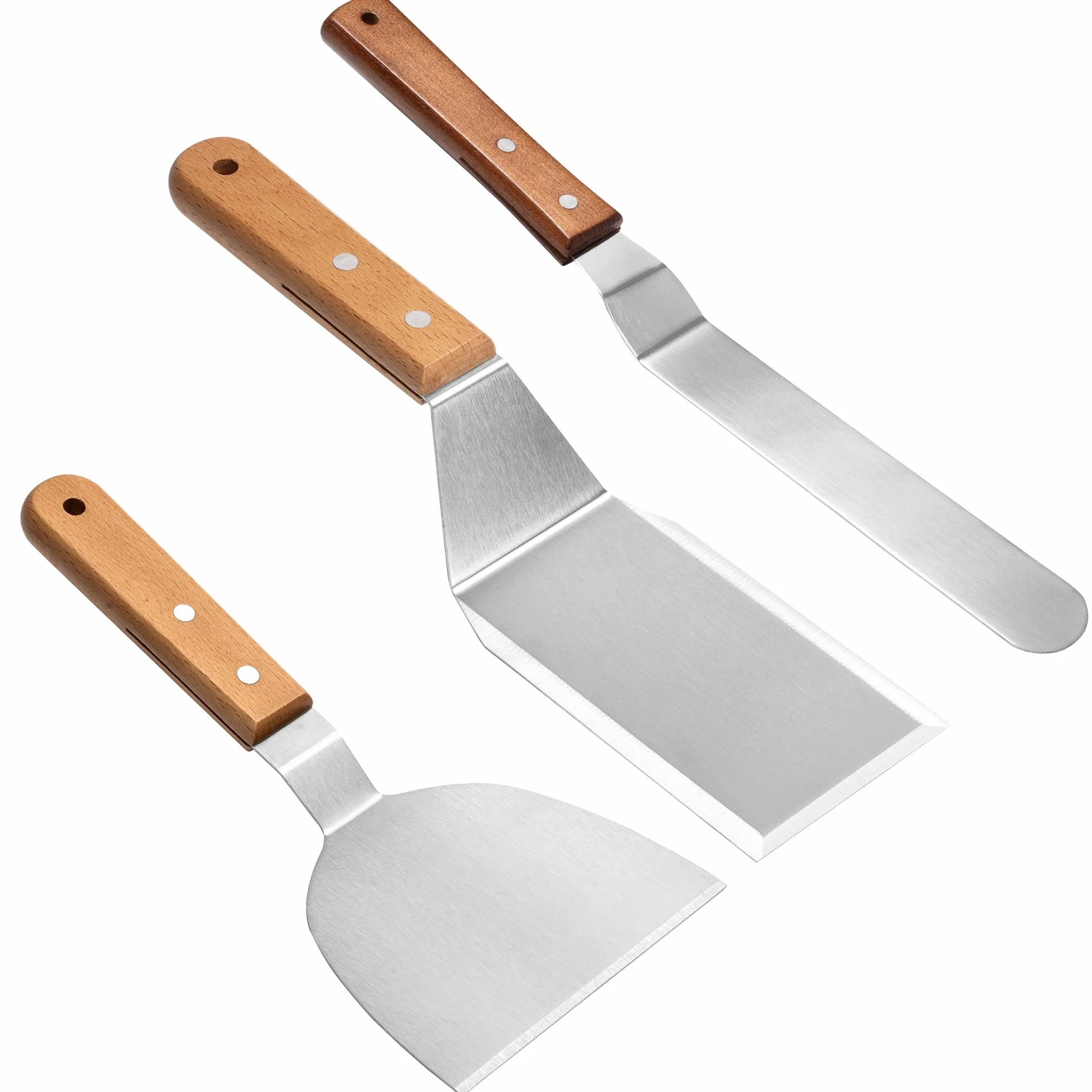 Elalove Set de 3 Spatules Professionnelles pour Plancha - Spatule Acier Inoxydable 26cm avec Grattoir, Argent
