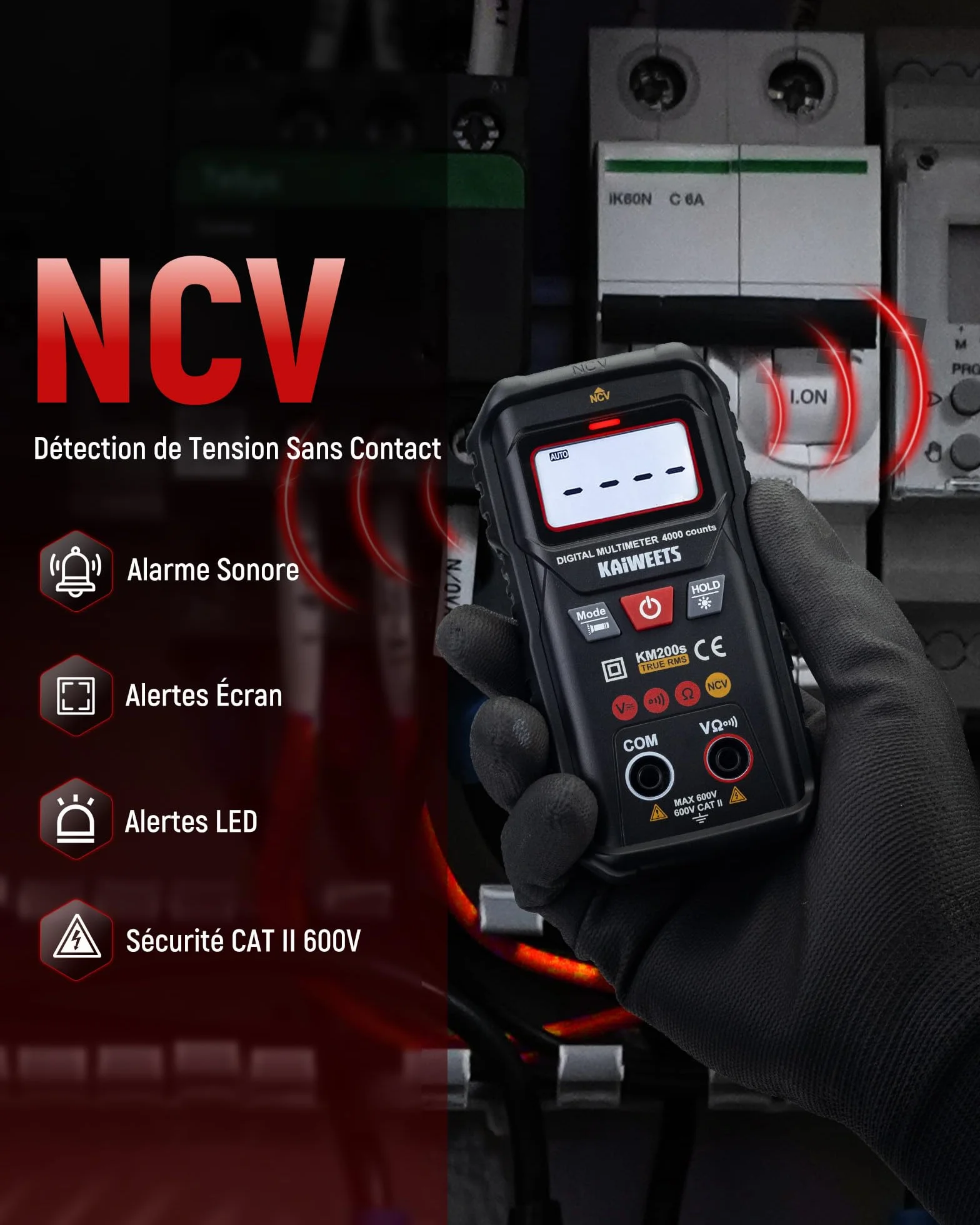 KAIWEETS Multimètre Numérique KM200s True RMS, 4000 Comptes, Voltmètre Intelligent, Détecteur de Tension sans Contact, Sélection Automatique, Mesure Tension AC/DC, Résistance, Testeur de Continuité
