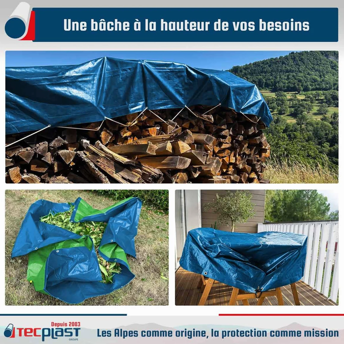 TECPLAST Bâche de Protection 6x10 m SR150MU Bleue et Verte - Haute Qualité - Bâche d'extérieur imperméable avec Oeillets