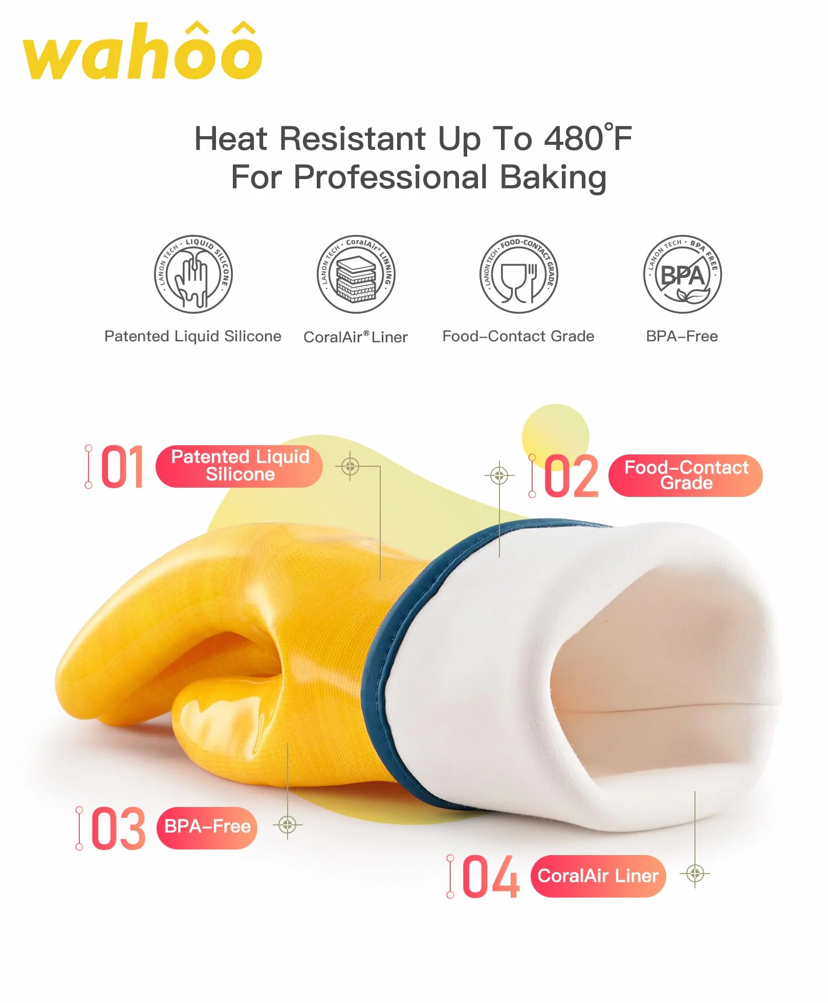 Wahoo Gants de cuisine professionnels en silicone liquide résistants à la chaleur 30,5 cm Jaune Taille M