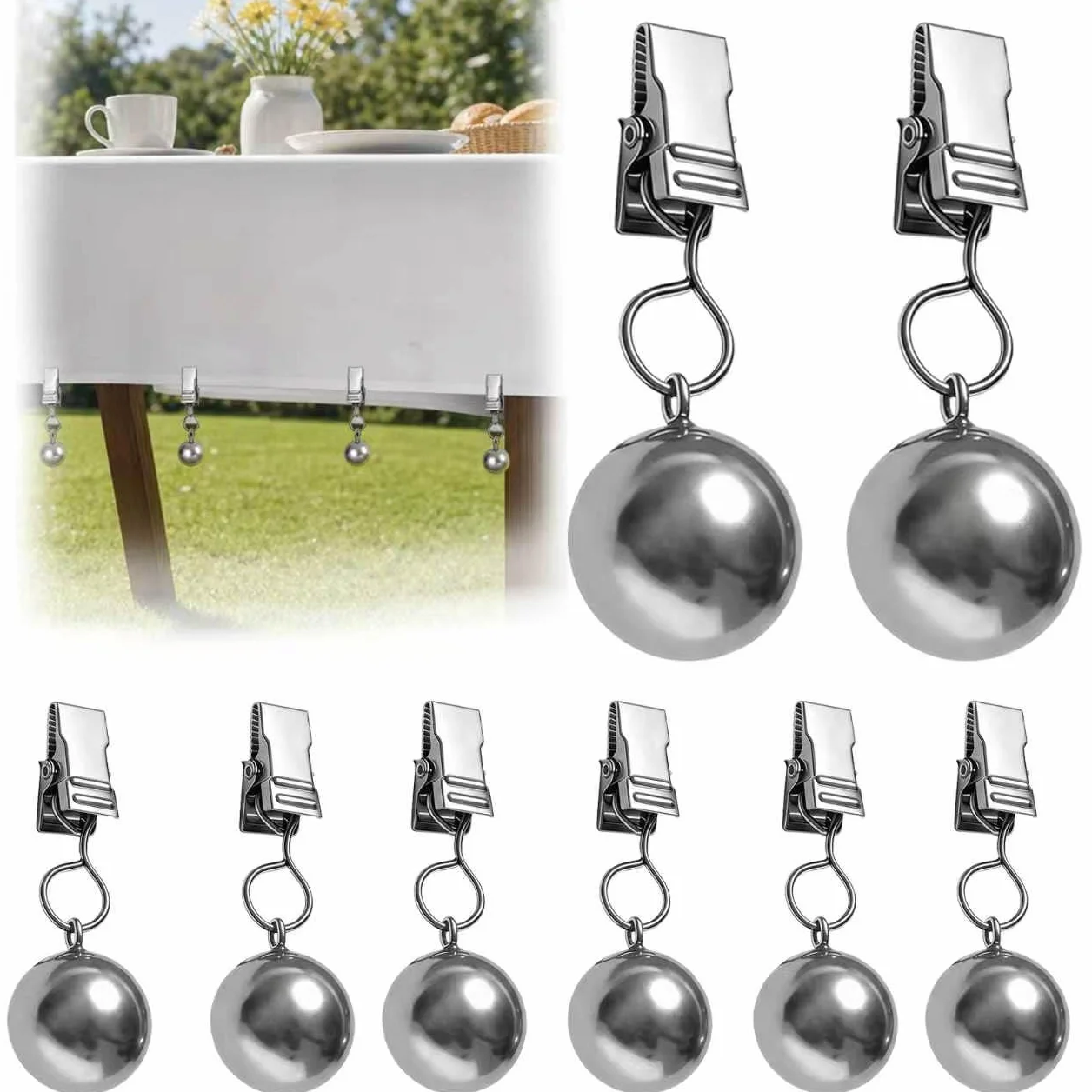 Pinces à Nappe d'extérieur avec Boules en Acier Inoxydable, Fixation Stable pour Table, Jardin, Terrasse