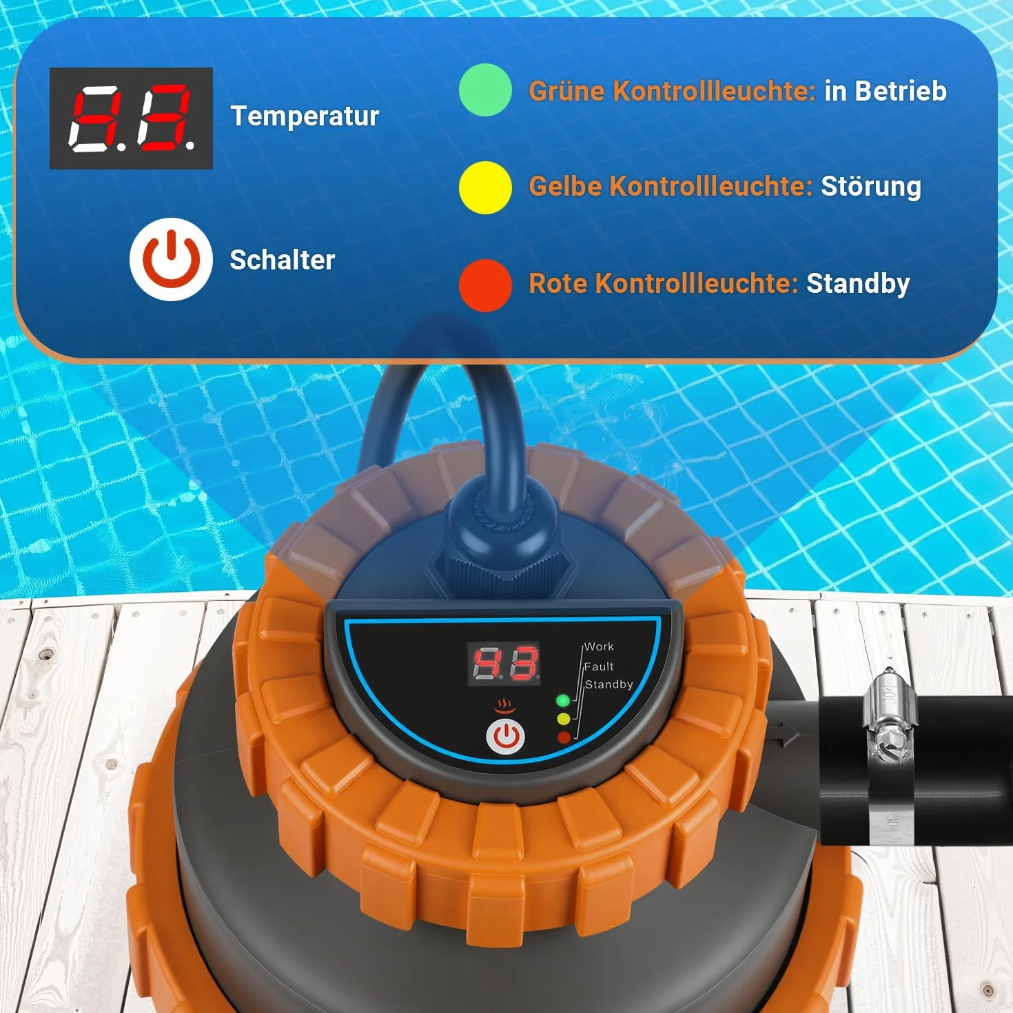 Chauffage électrique de piscine 3 kW affichage numérique protection sécurité 4 positions raccord 32-38 mm