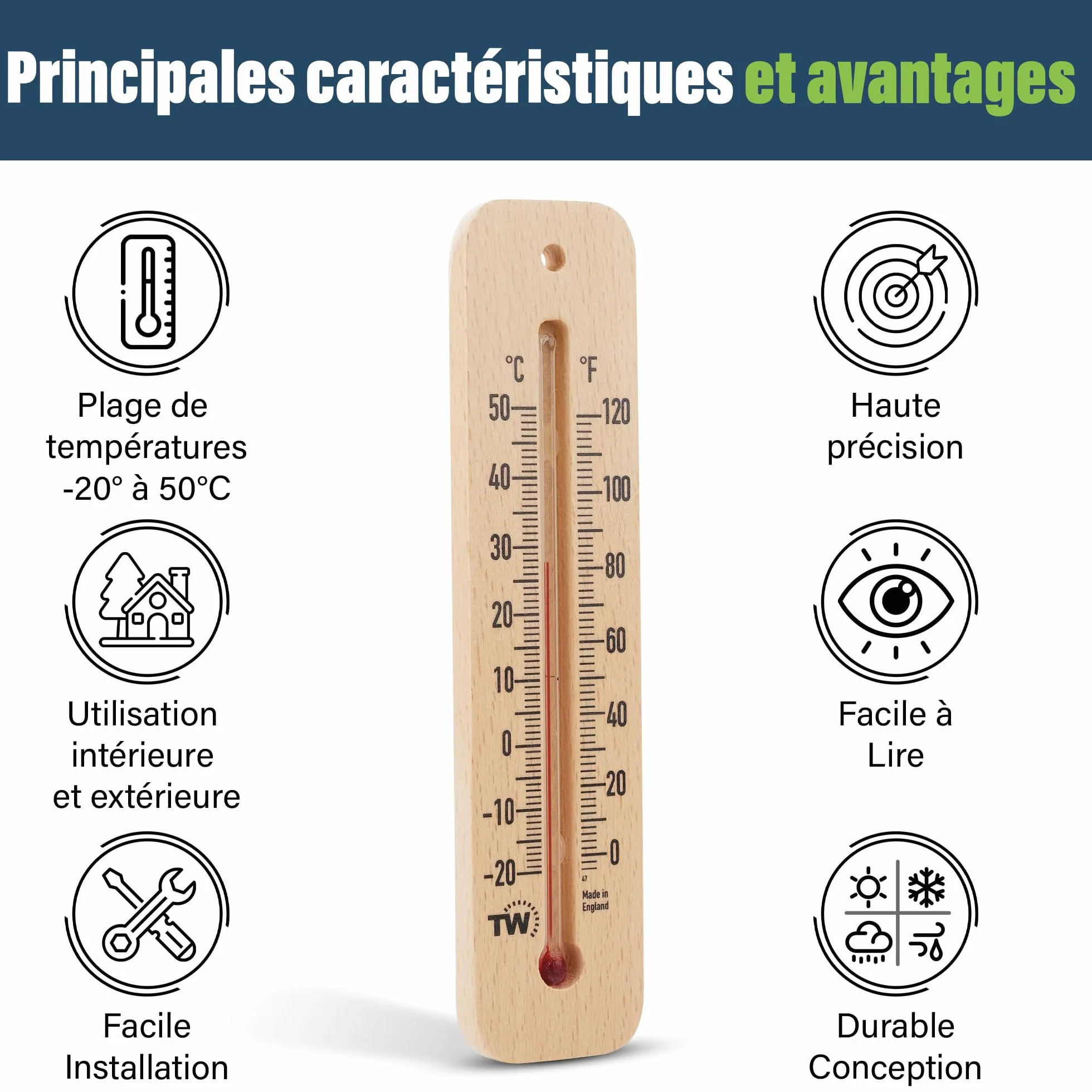Thermomètre d'ambiance en bois pour intérieur extérieur maison bureau
