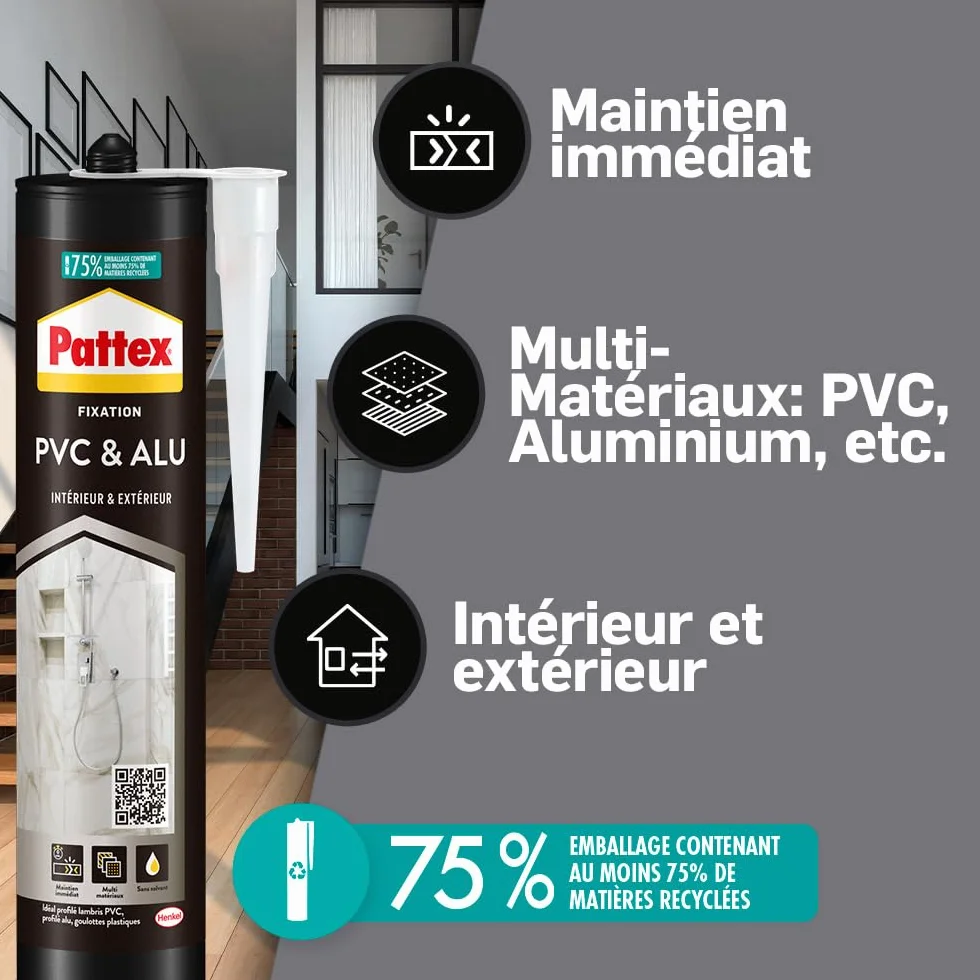 Pattex – Colle Fixation PVC & Alu (cartouche de 450 g) – Colle blanche haute performance flextec multi-matériaux – Mastic résistant à l'eau pour intérieur & extérieur