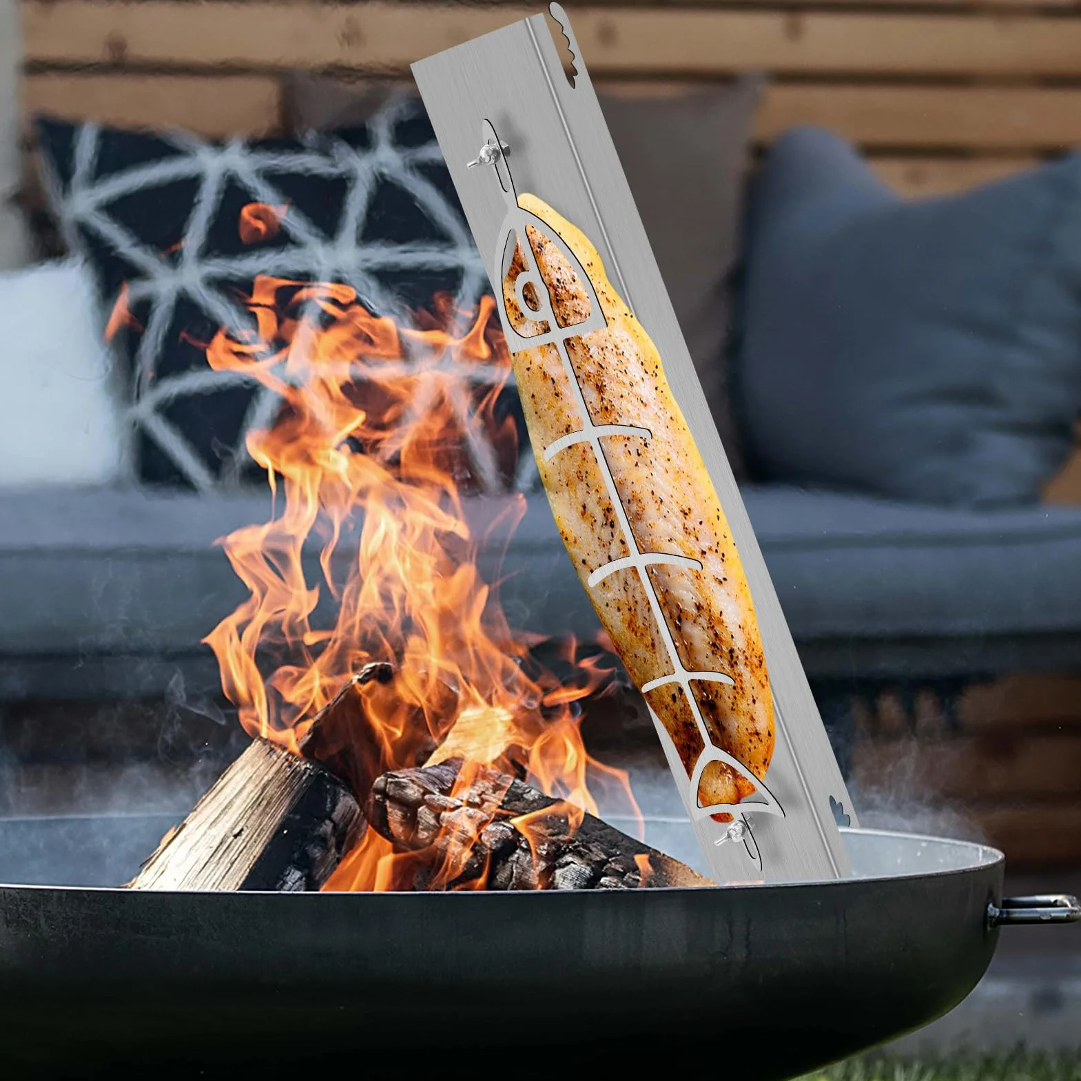 Planche à saumon flambée en acier inoxydable pour brasero et barbecue sphérique, réversible 180°, 5 positions