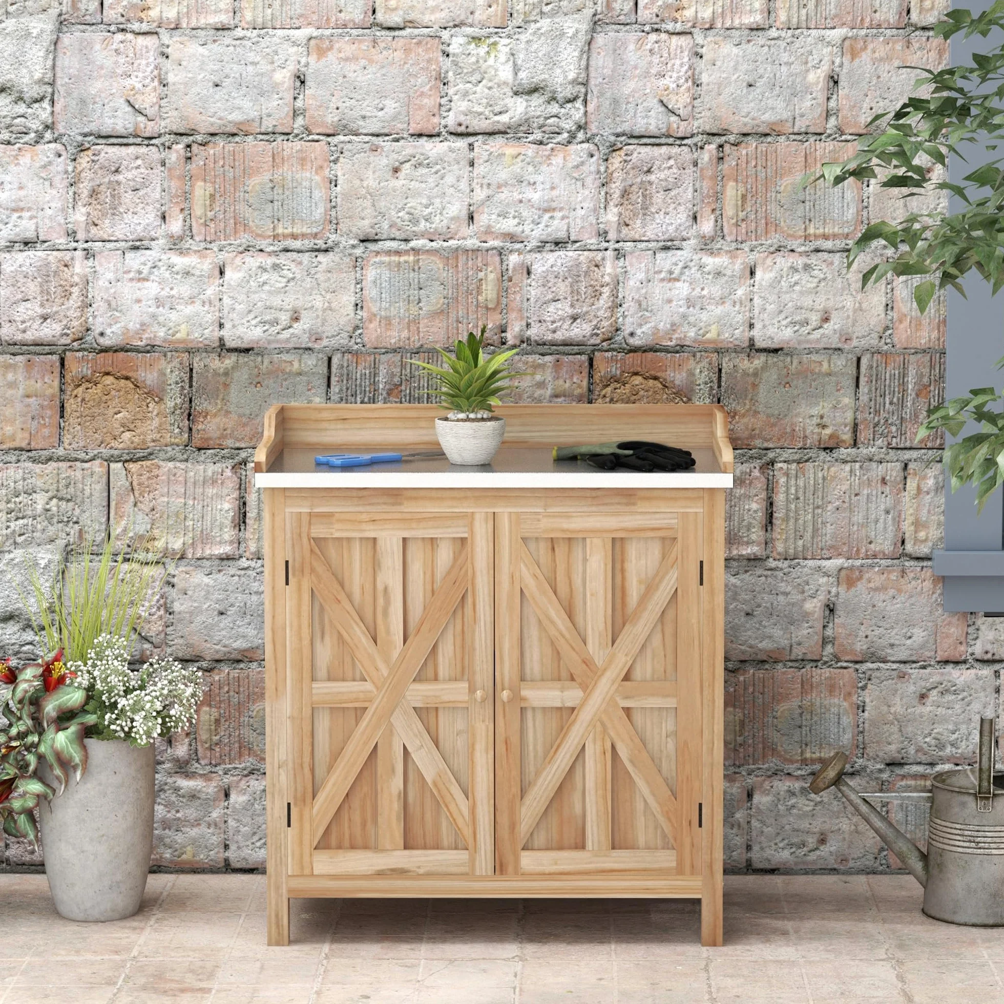 Outsunny Table de rempotage Plateau galvanisé Armoire Rangement Jardin Bois Sapin 2 étagères Patins antidérapants