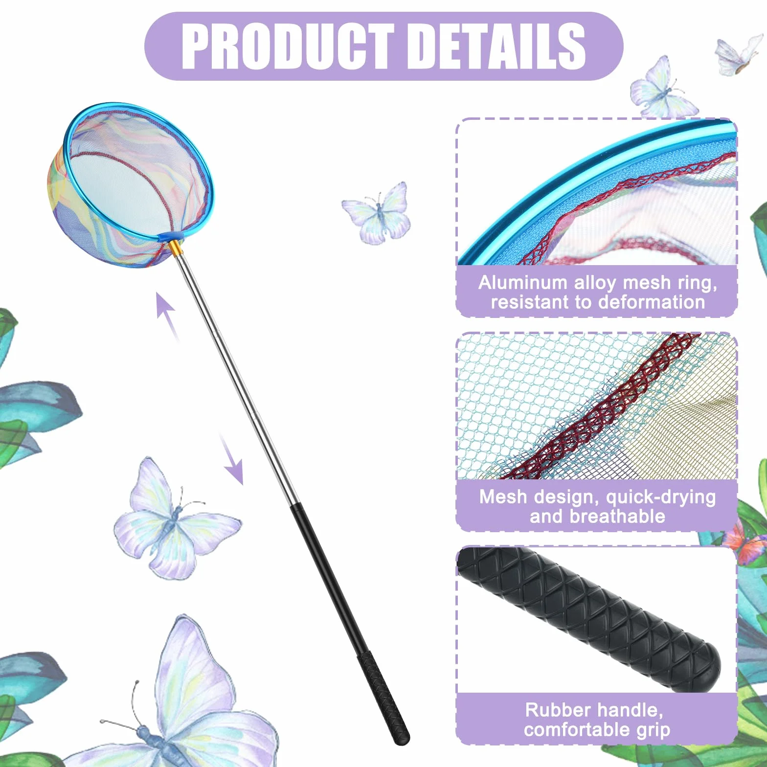 Épuisette Télescopique Filet Papillon Pêche Extensible 66-173CM pour Capture Poissons Insectes Étang