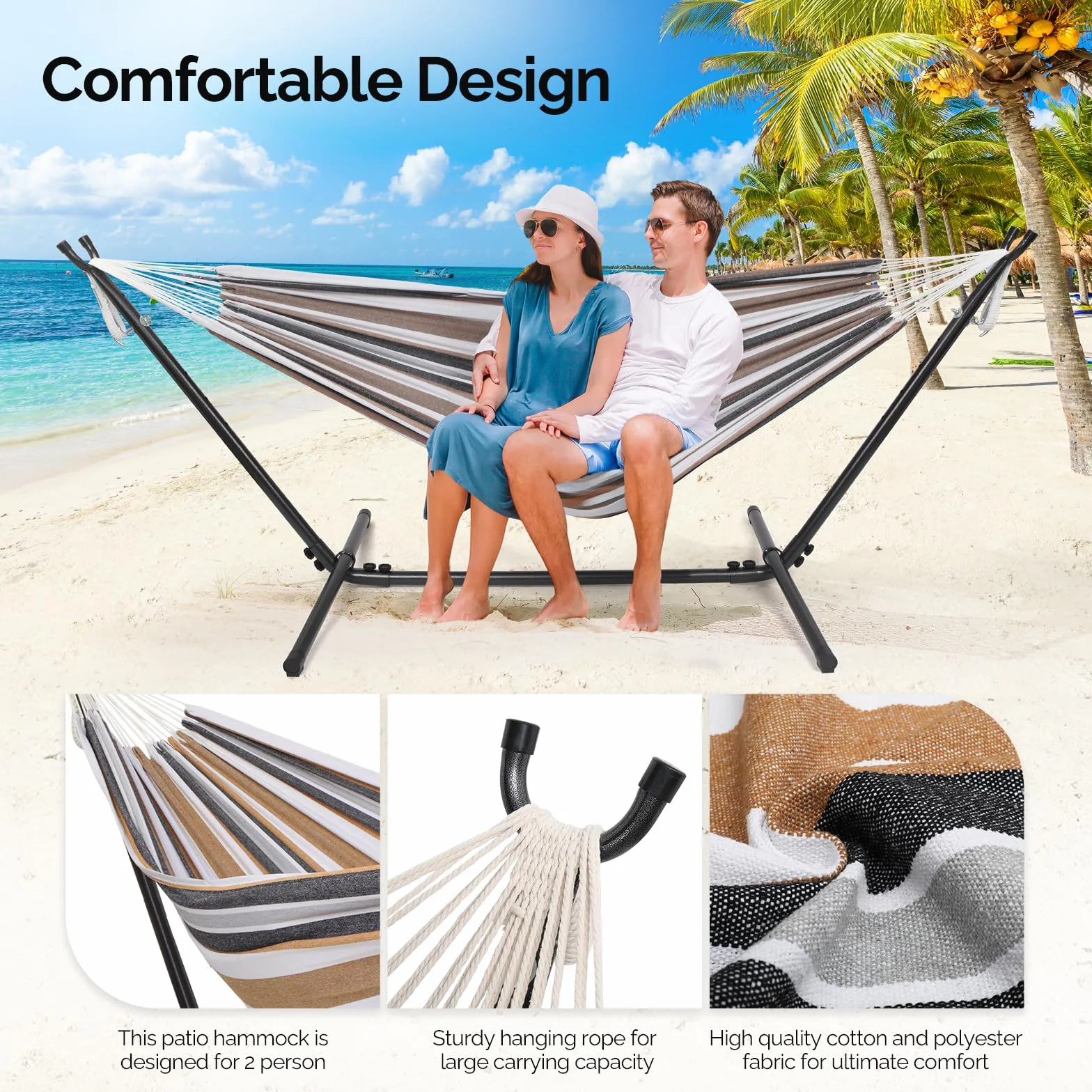 Bonnlo Hamac sur Pied Pliable avec Support Acier 150 kg Jardin Terrasse Balcon Marron 300x120x100 cm