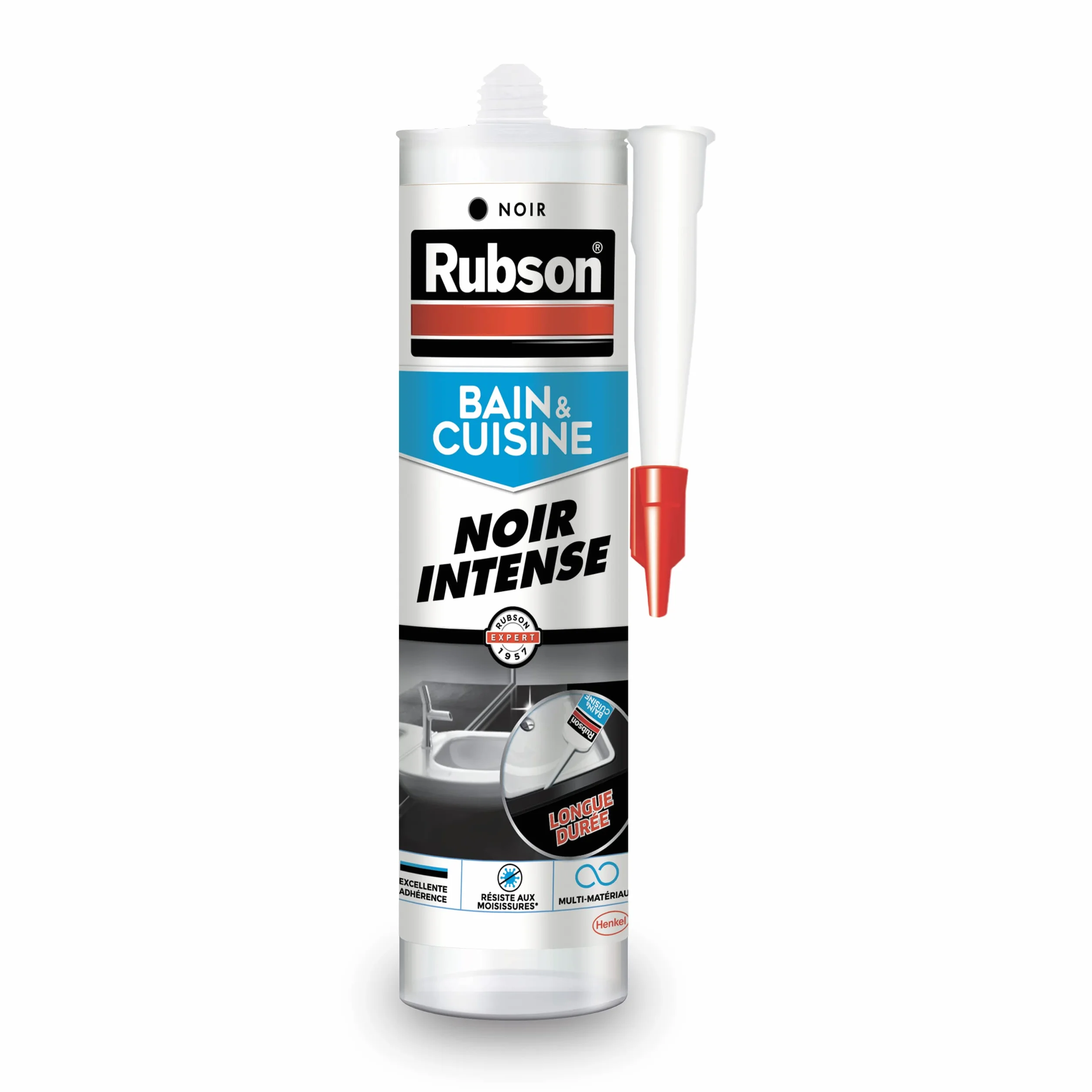Rubson – Mastic Bain & Cuisine Noir Intense (cartouche de 280 ml) – Joint silicone multi-matériaux renforcé en antifongiques – Mastic sanitaire coloré, souple & étanche