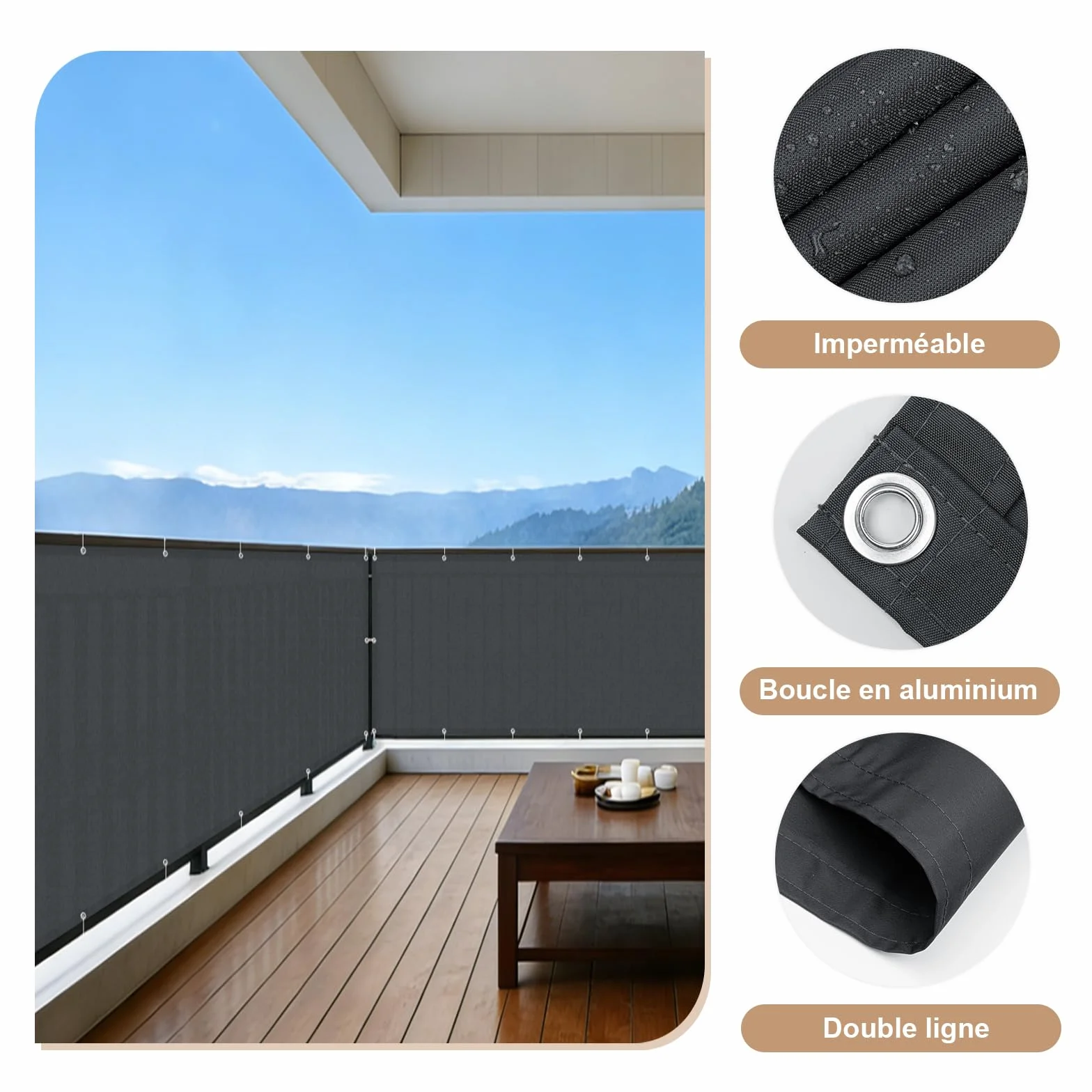 Brise Vue Balcon 70x600cm Imperméable Cache Brise Opaque UV Résistant Extérieur Terrasse Jardin COOL AREA