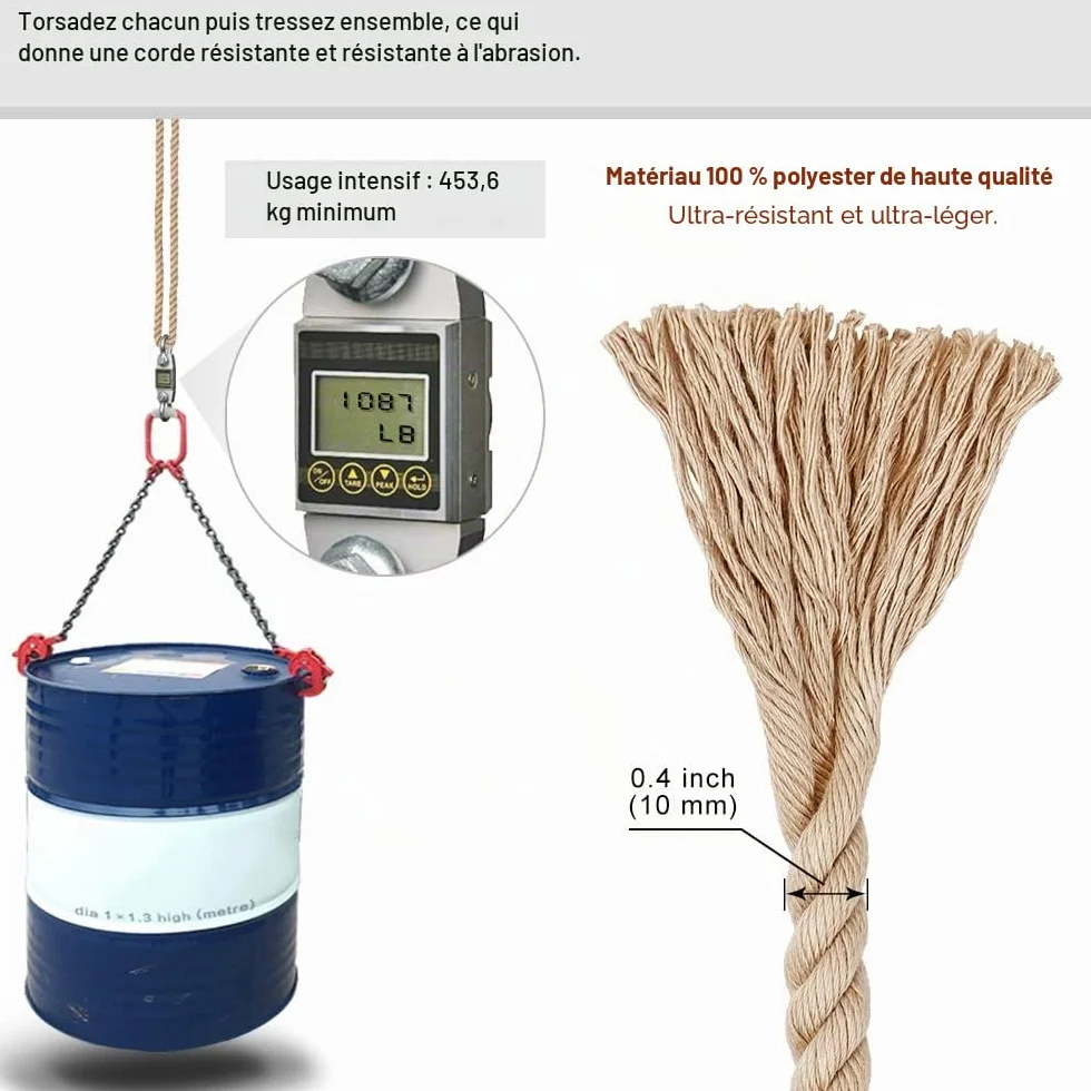 SELEWARE Kit de suspension pour balancelle d'arbre, corde réglable 101,6 cm beige