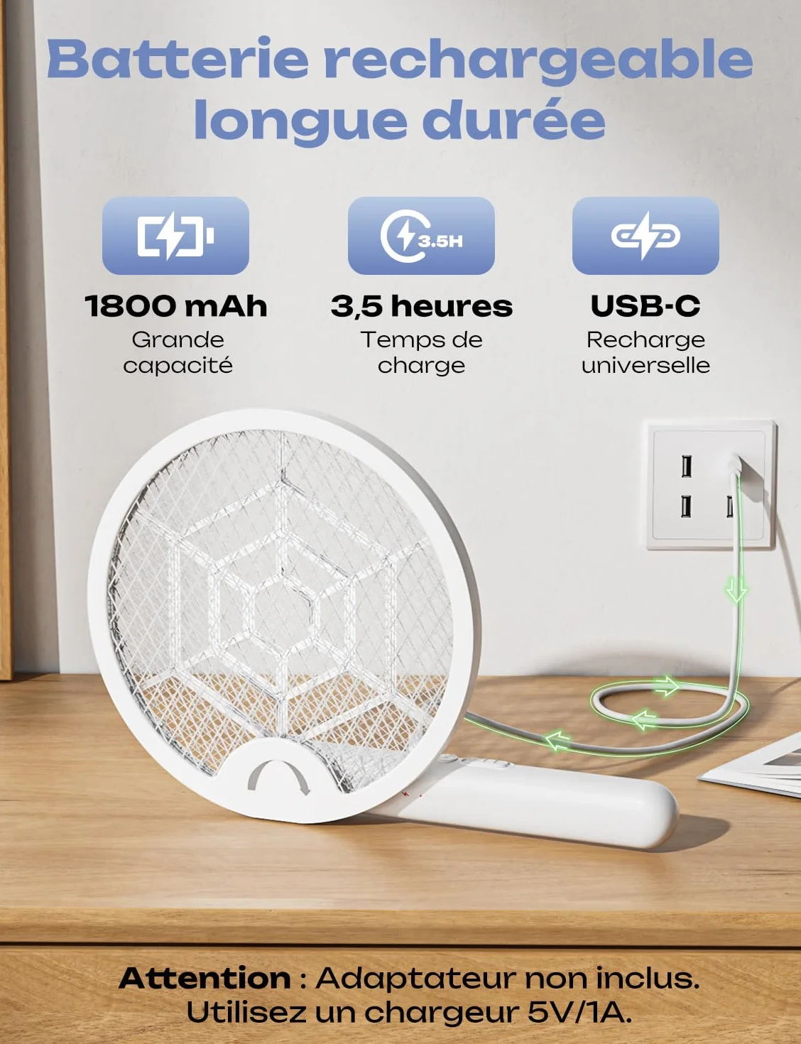 YISSVIC Raquette Electrique Anti Moustique 4000V 1800mAh Pliable Rechargeable USB-C
