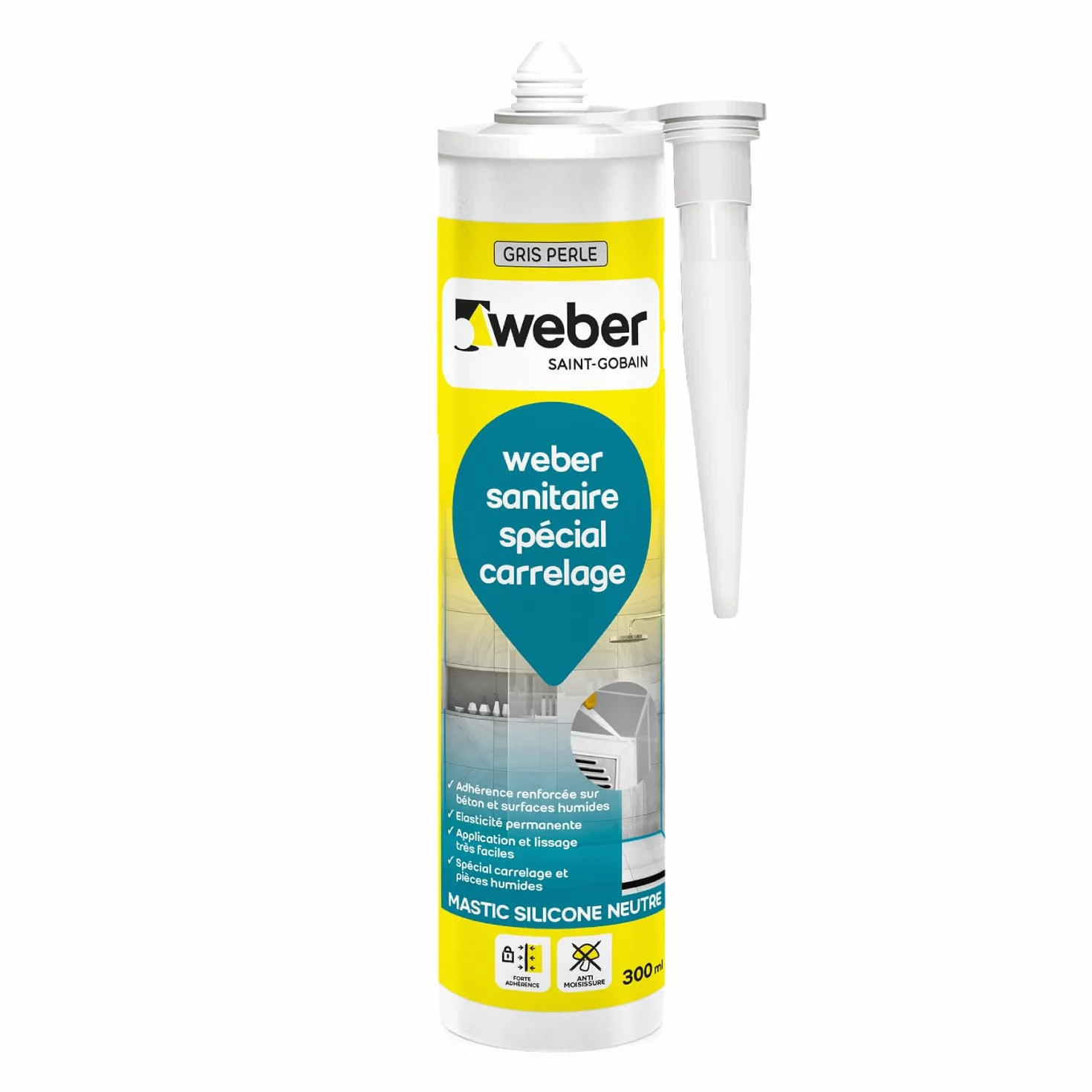 Weber Mastic silicone résistant aux moisissures, gris perle, 300 ml, spécial sanitaire, WEBERSEAL SANITARY