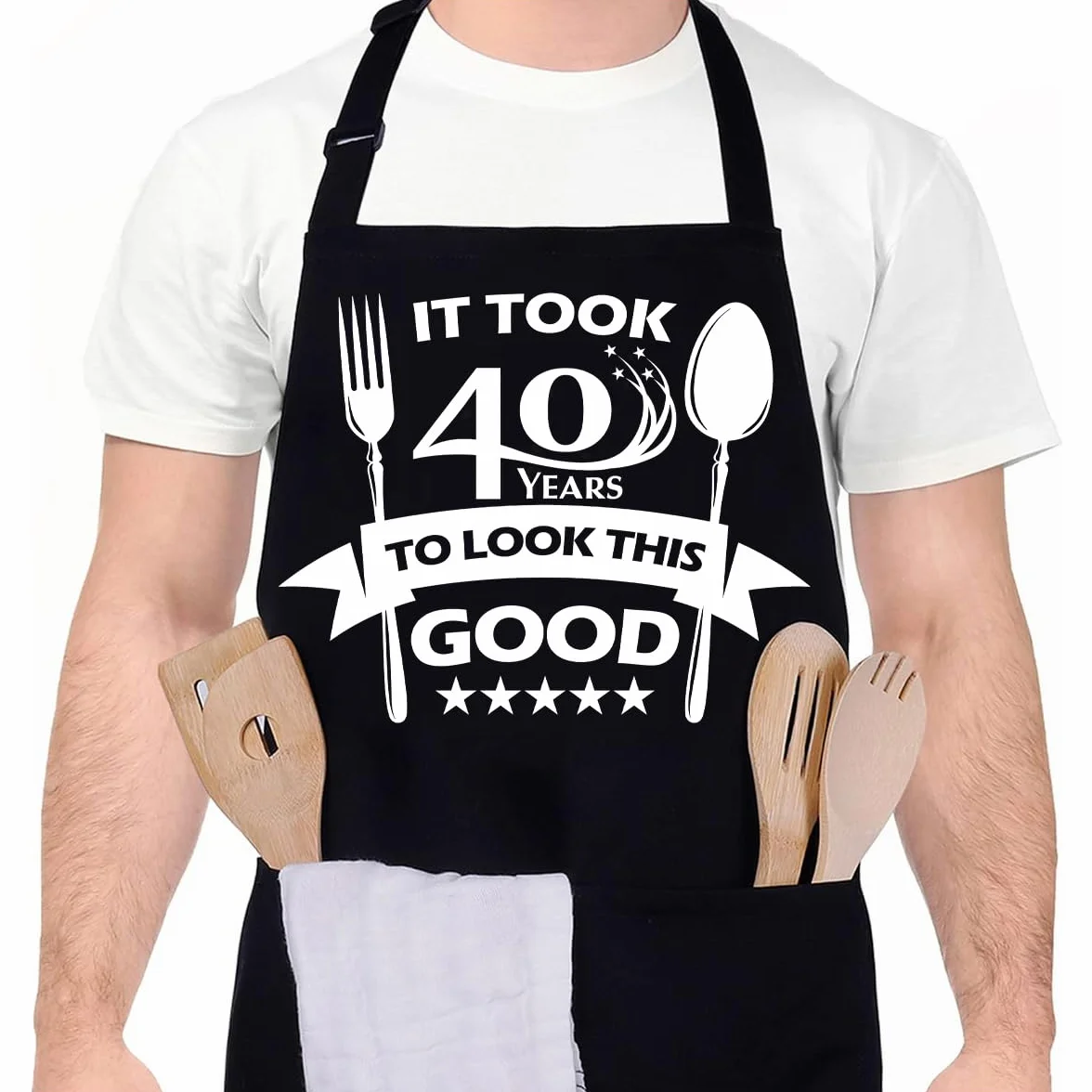 Tablier Cuisine Homme Humour Coton Barbecue Réglable Étanche Noir avec 3 Poches