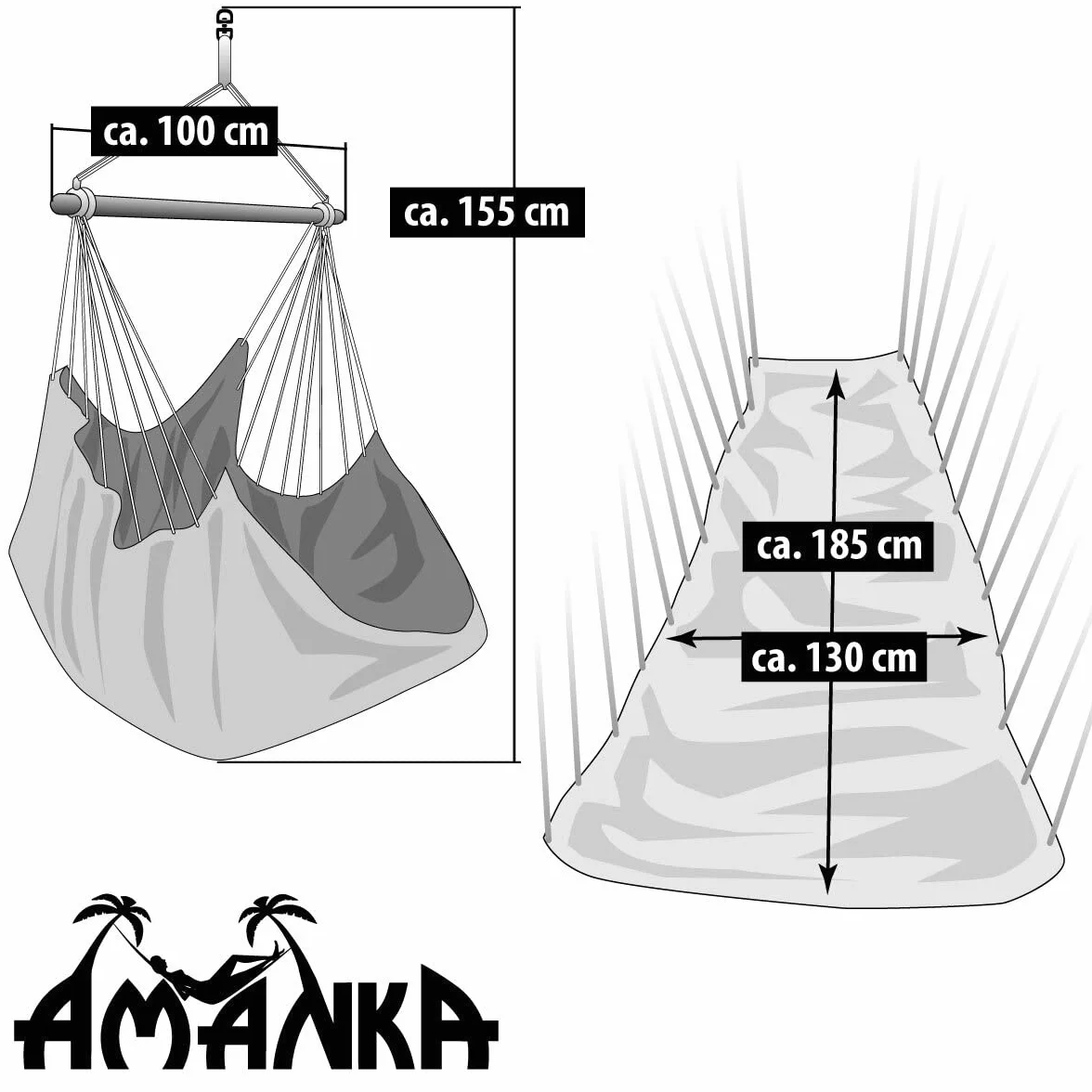 AMANKA XXL Chaise Hamac 185x130cm 150kg Fauteuil Suspendu Balançoire 2 Personnes 100% Coton Rotation 360° Intérieur Extérieur