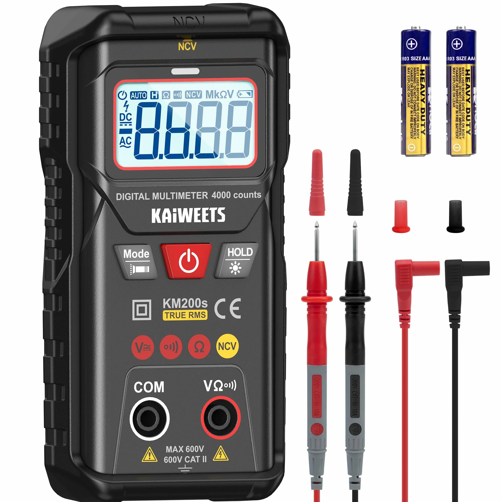 KAIWEETS Multimètre Numérique KM200s True RMS, 4000 Comptes, Voltmètre Intelligent, Détecteur de Tension sans Contact, Sélection Automatique, Mesure Tension AC/DC, Résistance, Testeur de Continuité