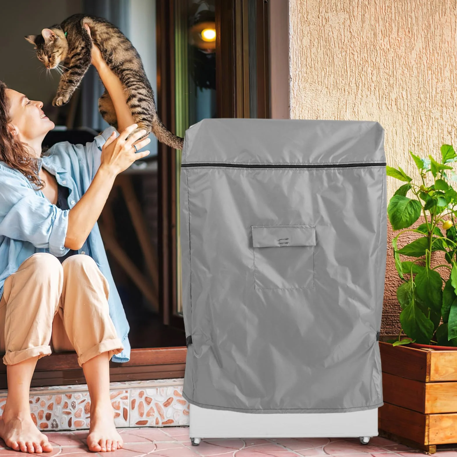 Gadpiparty Housse pour Congélateur Coffre Extérieur Imperméable 210d Gris avec Fermeture Éclair Grande Taille Protection Patio