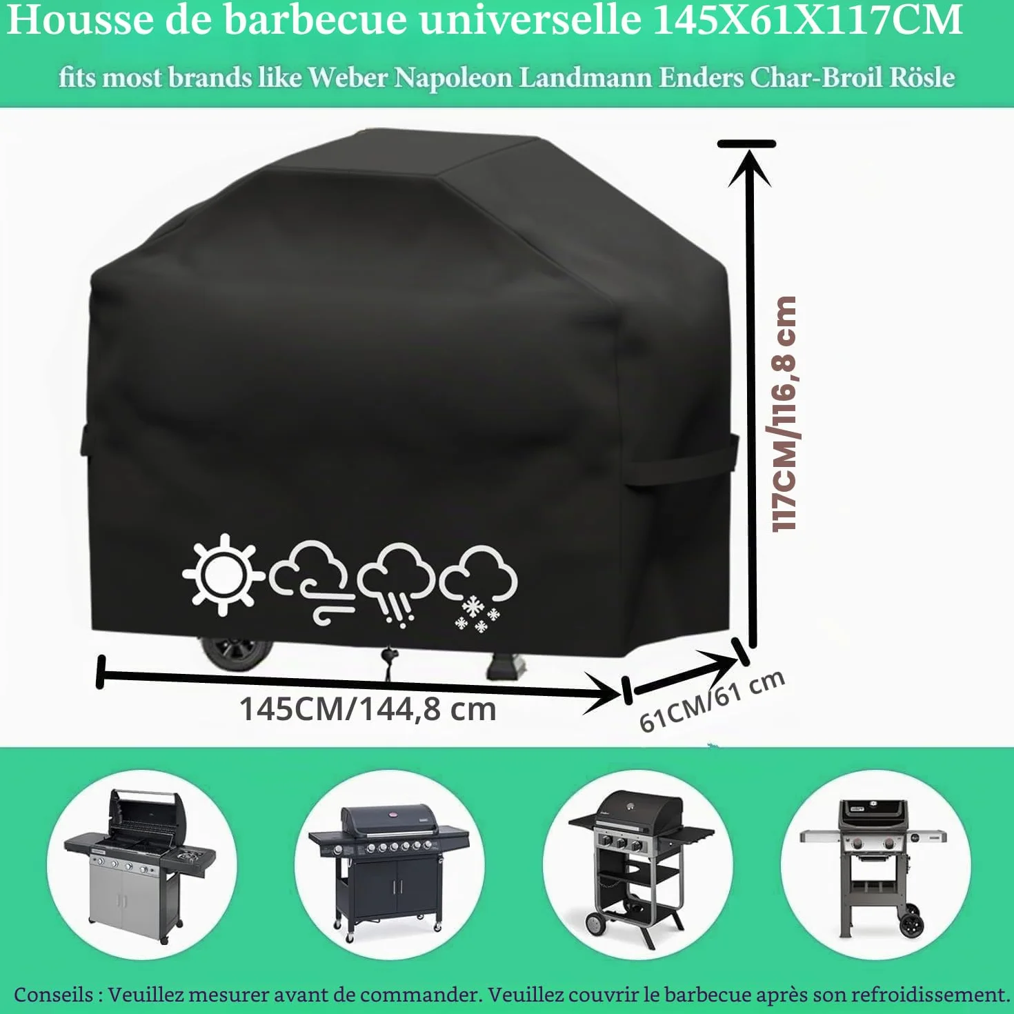 Housse Barbecue Exterieur Anti-Vent Anti-UV 145x61x117 cm