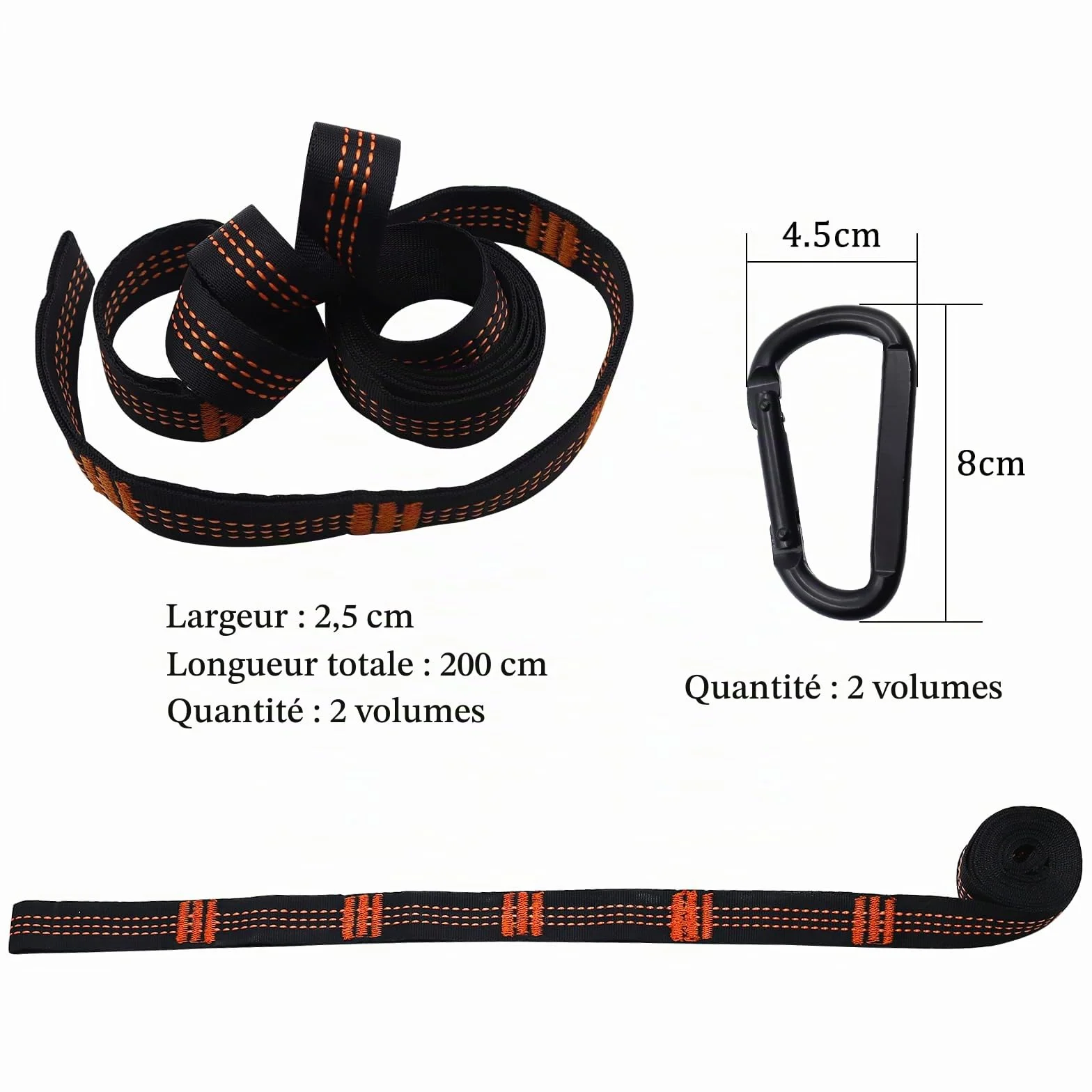 Sangle Hamac Arbre 2 m x 2.5 cm Fixation Hamac avec 2 Mousquetons Sac de Transport 300kg Extérieur Randonnée Camping