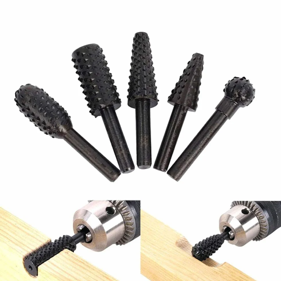 5Pcs Ensemble de Râpes Rotatives pour Fraises,Outil de Sculpture sur Fraise Metal Bois,Gouges Sculpture Bois,Cylindrique de Gravure Rotatif Burres Pour Travail du Bois,Métal Polissage,Gravure.