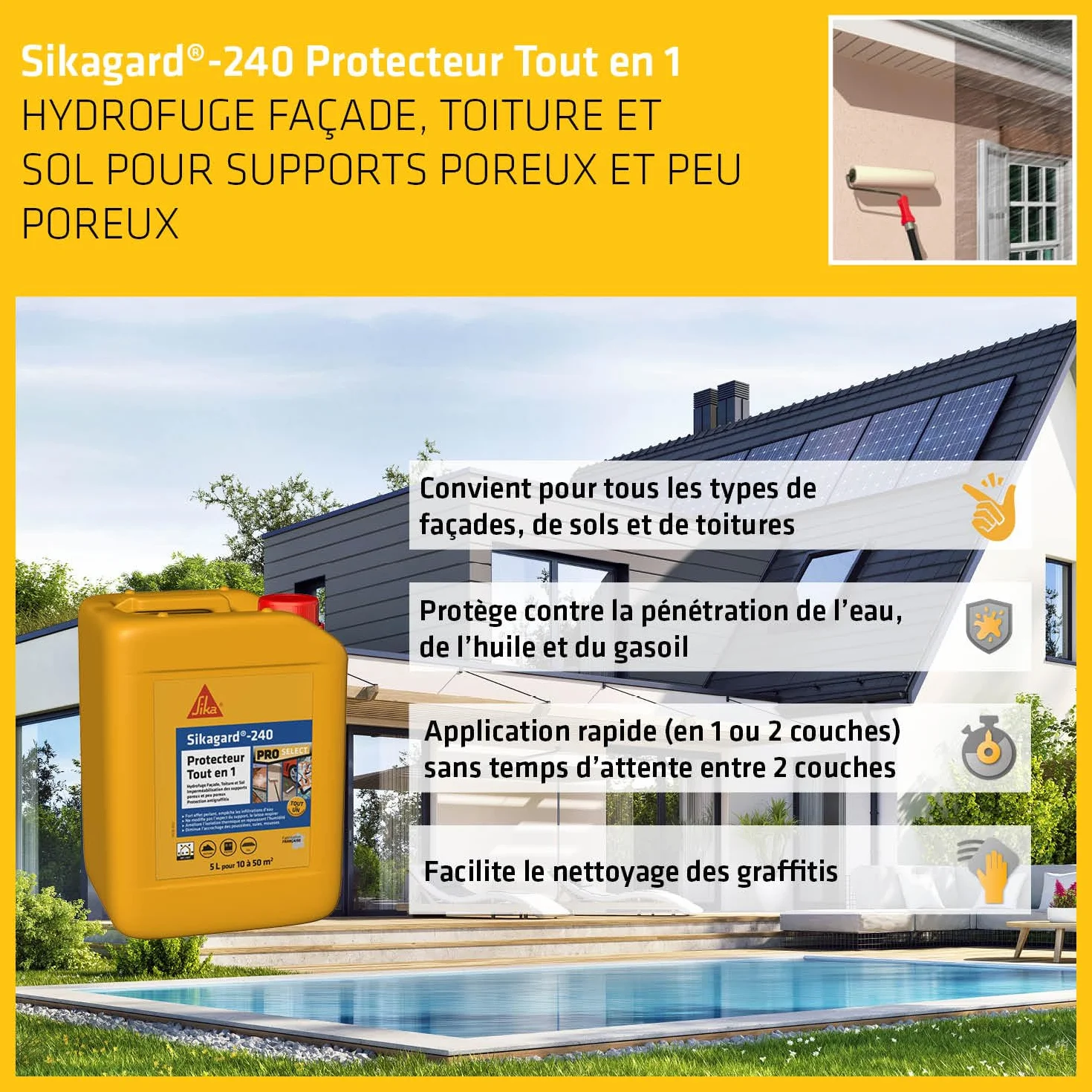 SIKA - Protection hydrofuge façade/mur/toiture et sol - Sikagard 240 Protecteur Tout en 1 - Intérieur et Extérieur - Prêt à l'emploi - Réduit significativement tâches et encrassement des matériaux- 5L