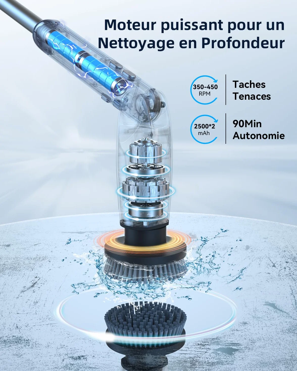 Leebein Brosse Électrique Nettoyage, 2026 Brosse Nettoyage sans Fil avec 8 Brosses Remplaçables, Télécommande, 2 Vitesses de Rotation et Longueur Réglable 38-132CM pour Salle de Bain/Cusine/Voiture