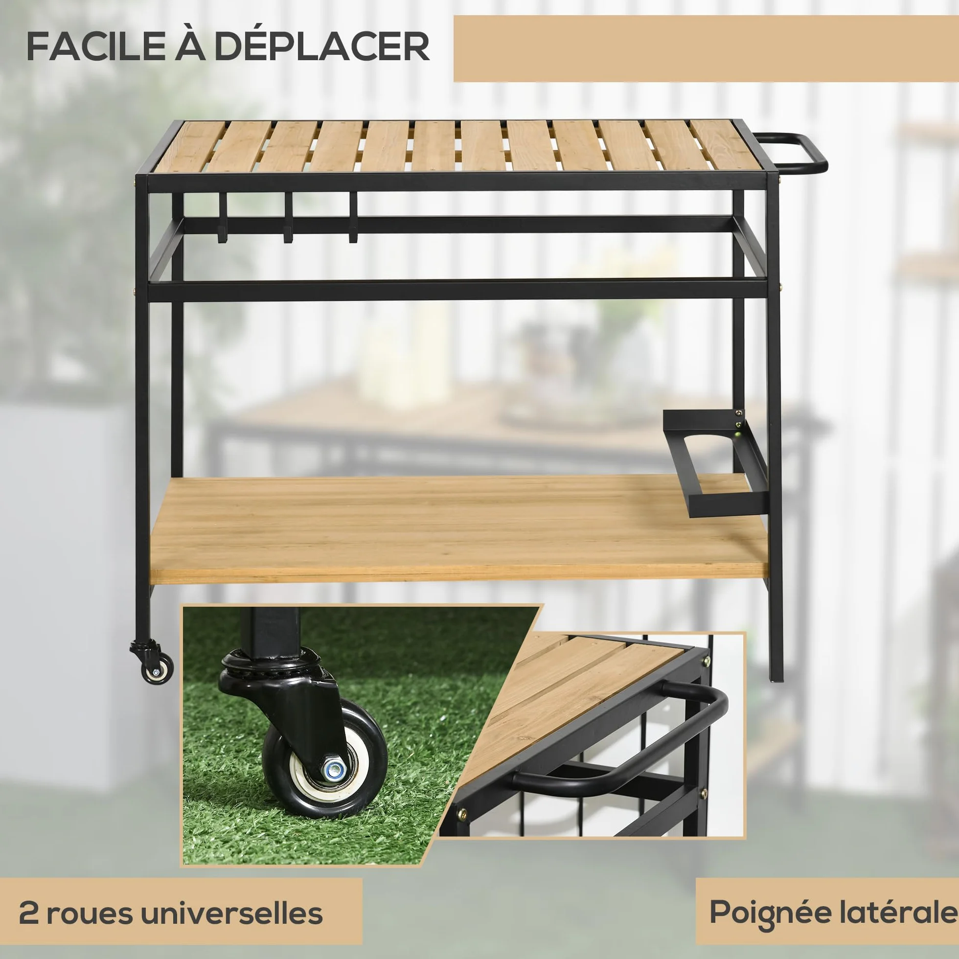 Outsunny Desserte de Jardin Chariot Barbecue avec 2 étagères 3 Crochets Bois Métal 107 x 65 x 80 cm Noir Naturel